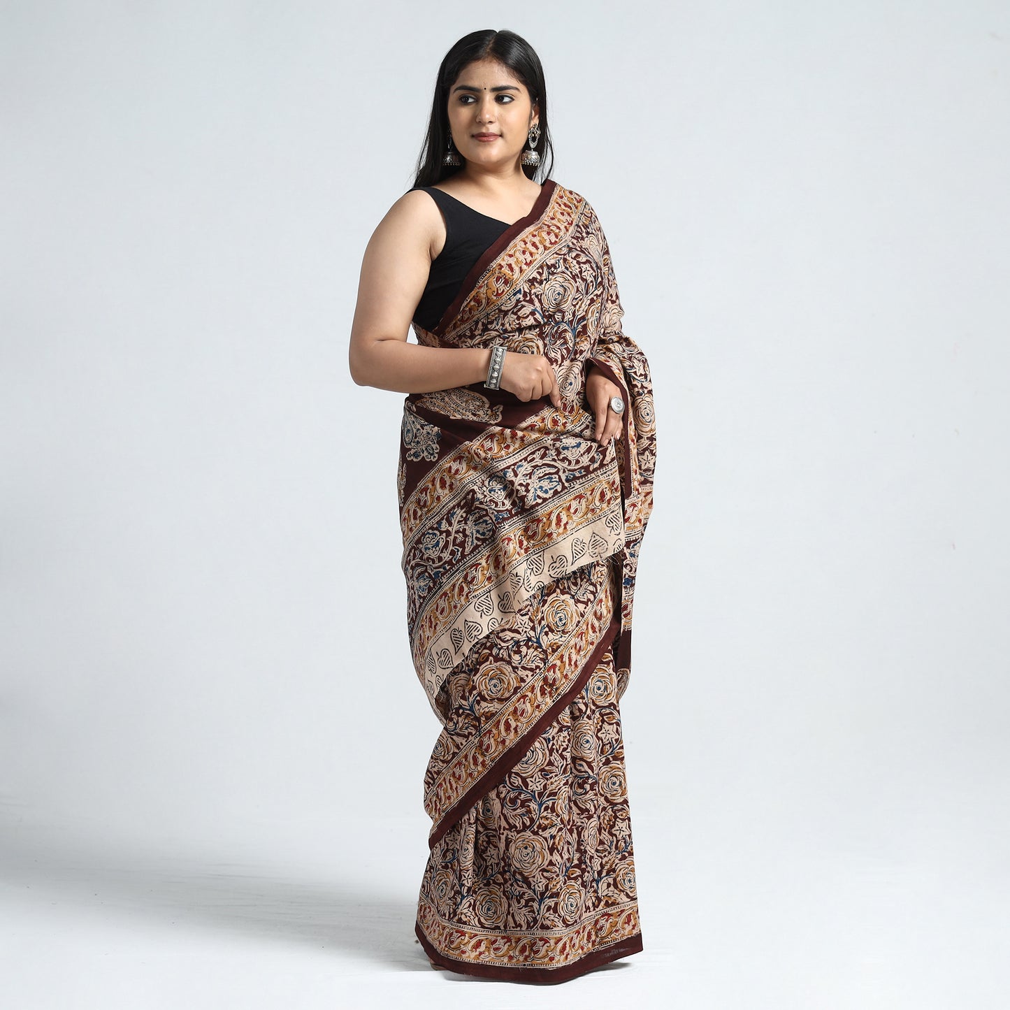 Maroon - Pedana Kalamkari Block Printed Cotton Saree with Blouse Piece 11