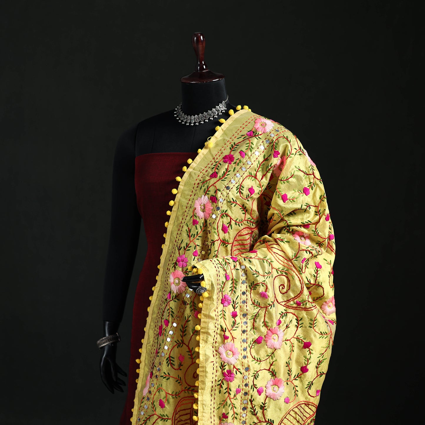 Phulkari Hand Embroidered Chanderi Silk Dupatta 31