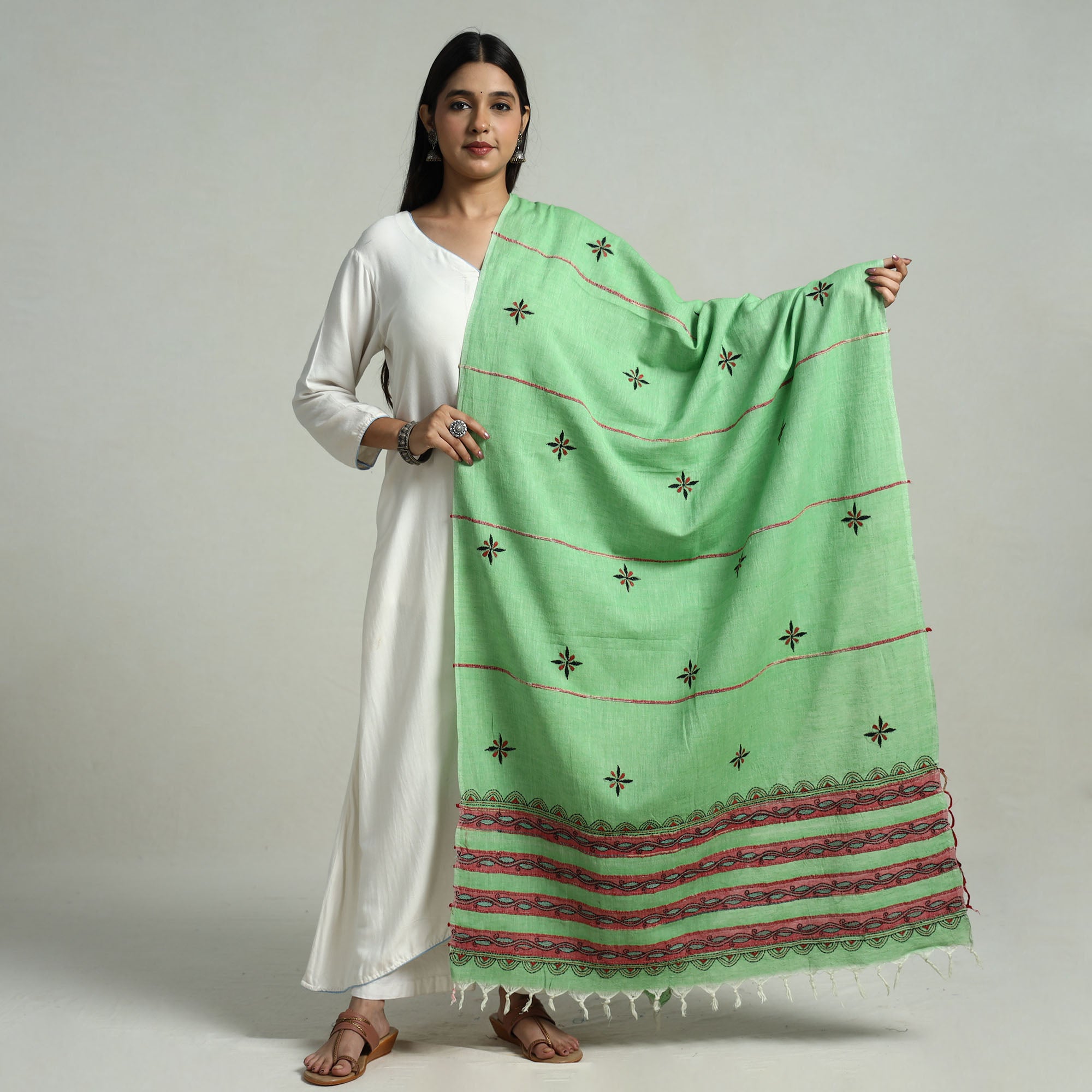 Pink - Hand Embroidery Khes Handwoven Cotton Kantha Dupatta 57