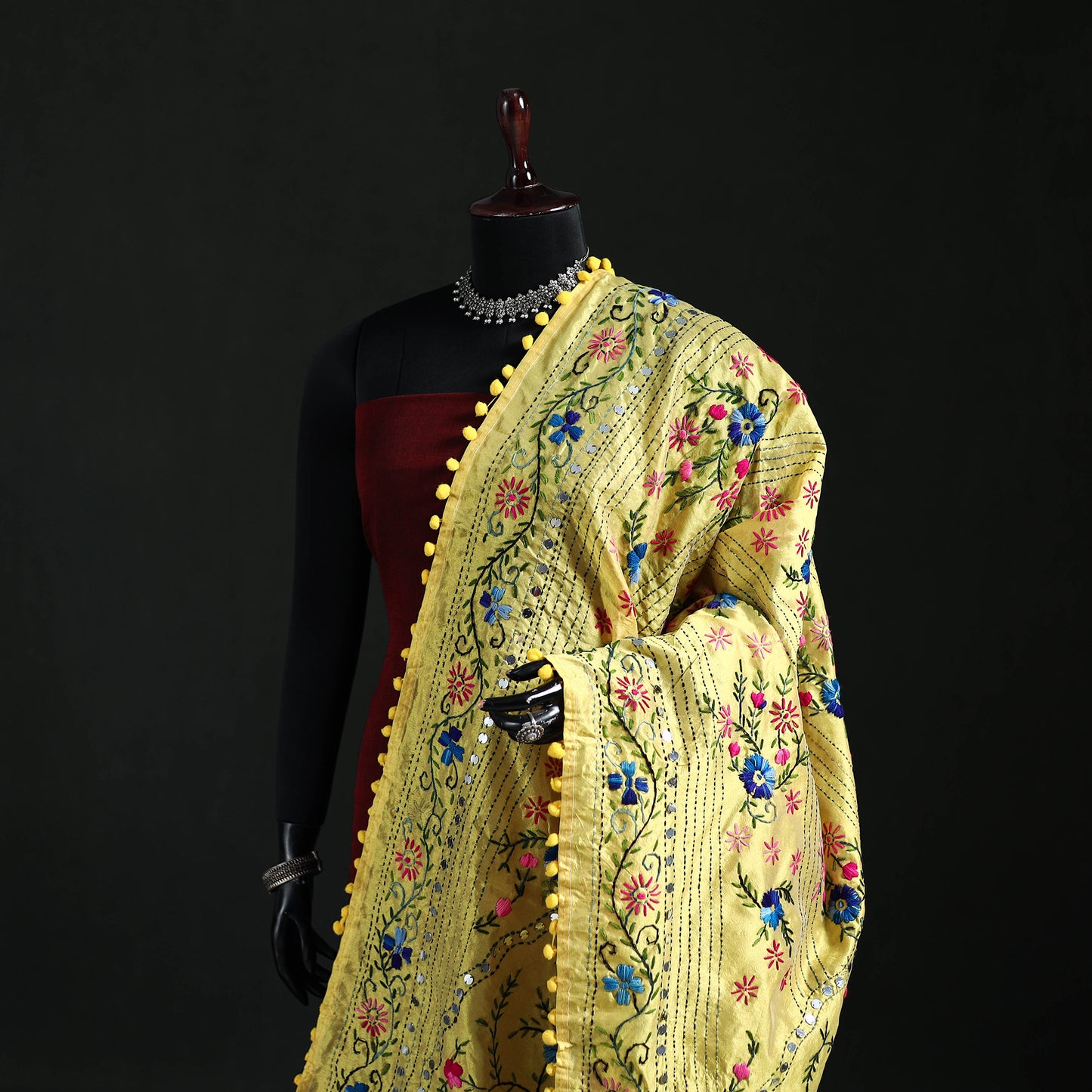 Phulkari Hand Embroidered Chanderi Silk Dupatta 33