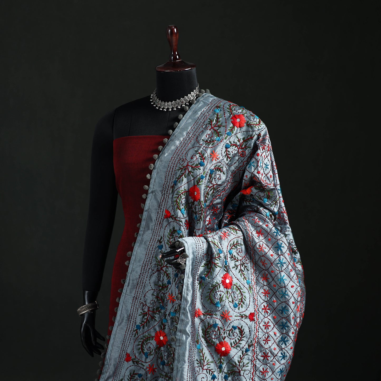 Phulkari Hand Embroidered Chanderi Silk Dupatta 45