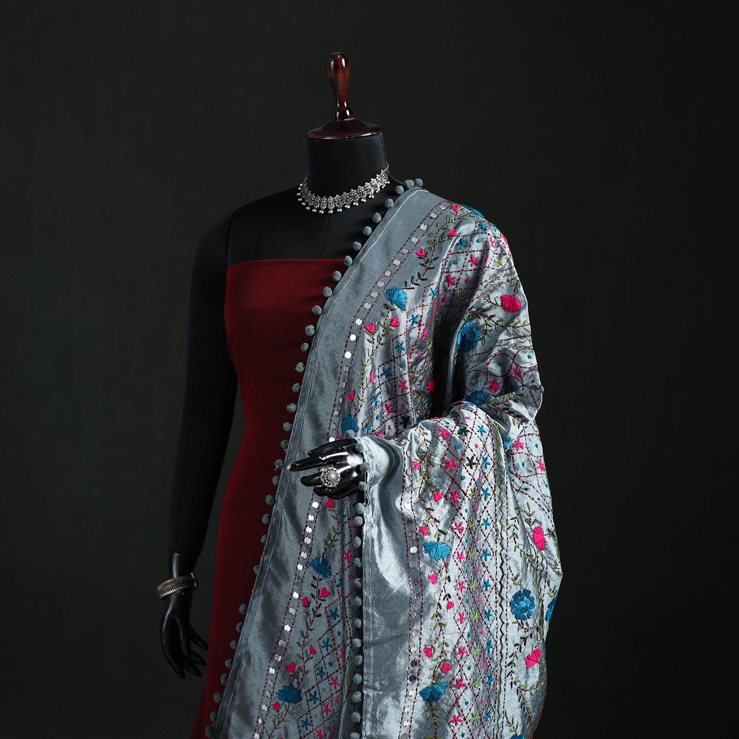 Phulkari Hand Embroidered Chanderi Silk Dupatta 46