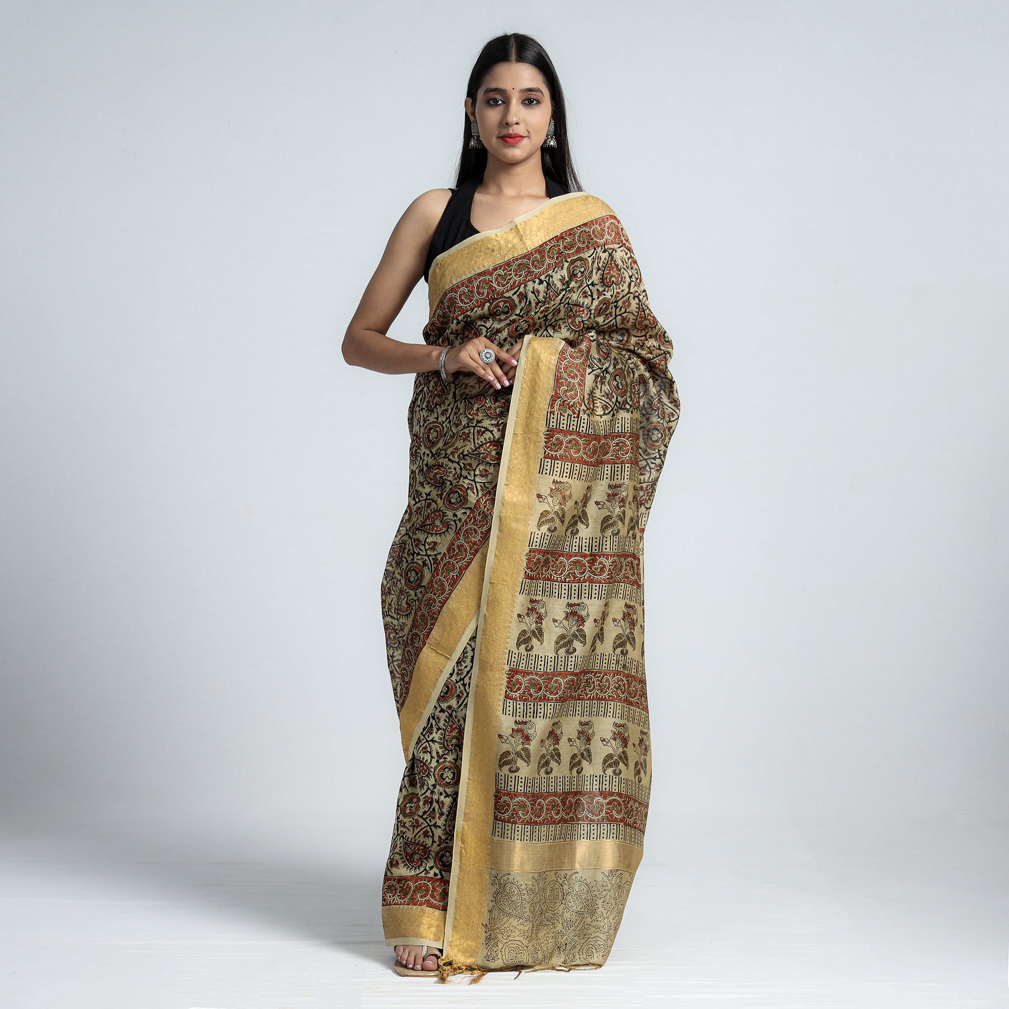 Red - Pedana Block Print Chanderi Silk Kalamkari Dupatta 01