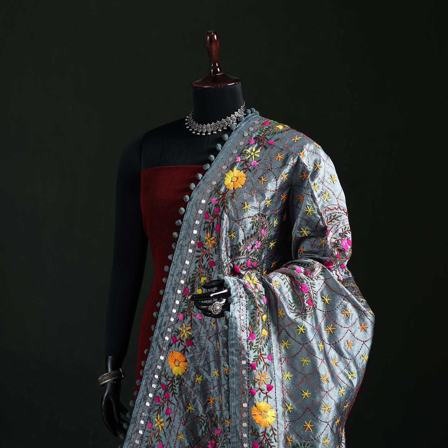 Phulkari Hand Embroidered Chanderi Silk Dupatta 49