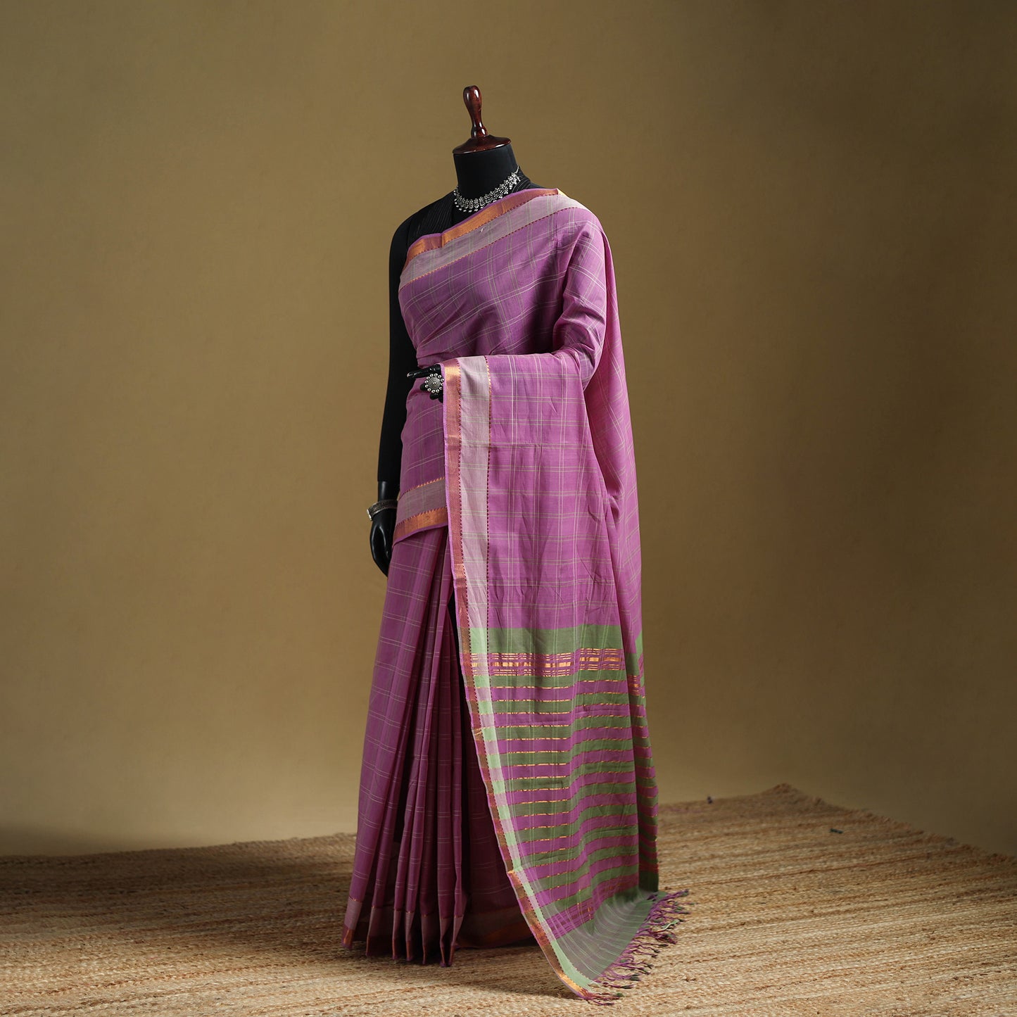 Purple - Pure Handwoven Zari Checks Mangalagiri Cotton Saree 29