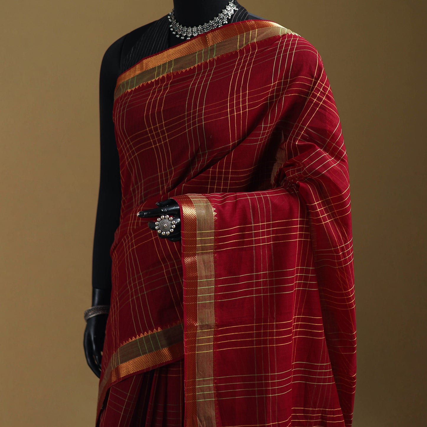 Maroon - Pure Handwoven Zari Checks Mangalagiri Cotton Saree 30