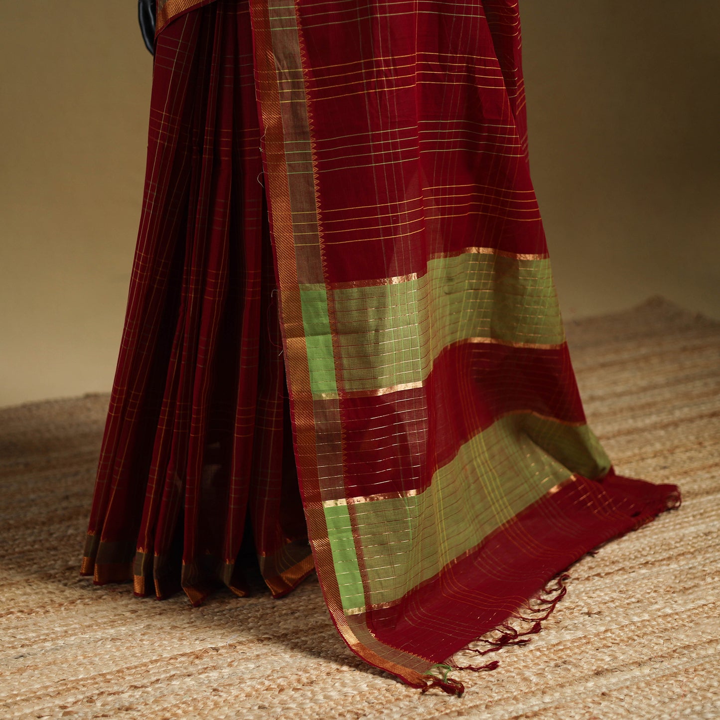 Maroon - Pure Handwoven Zari Checks Mangalagiri Cotton Saree 30