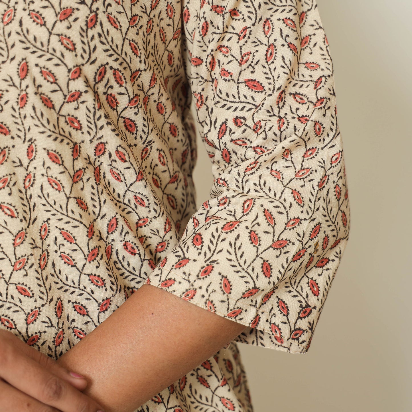 Beige - Pedana Kalamkari Hand Block Printed Cotton Straight Kurta 05