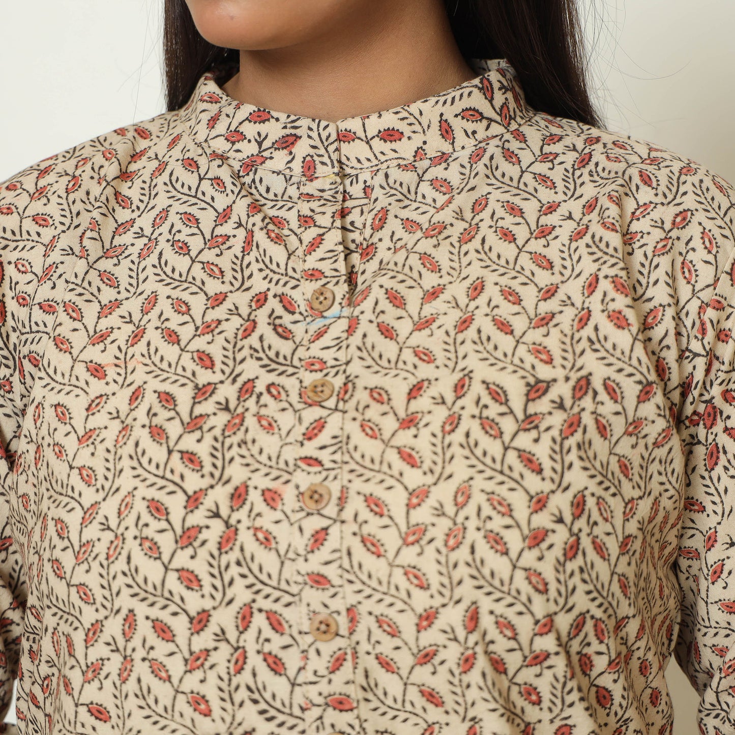 Beige - Pedana Kalamkari Hand Block Printed Cotton Straight Kurta 05