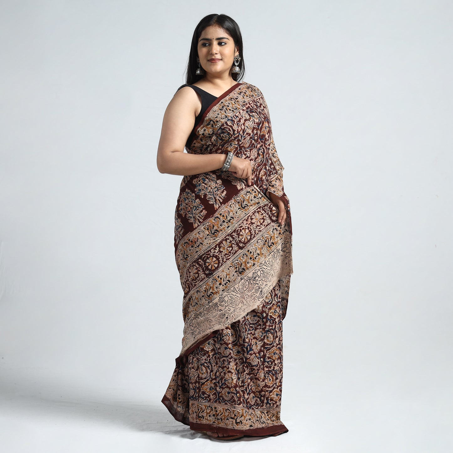 Maroon - Pedana Kalamkari Block Printed Cotton Saree with Blouse Piece 26