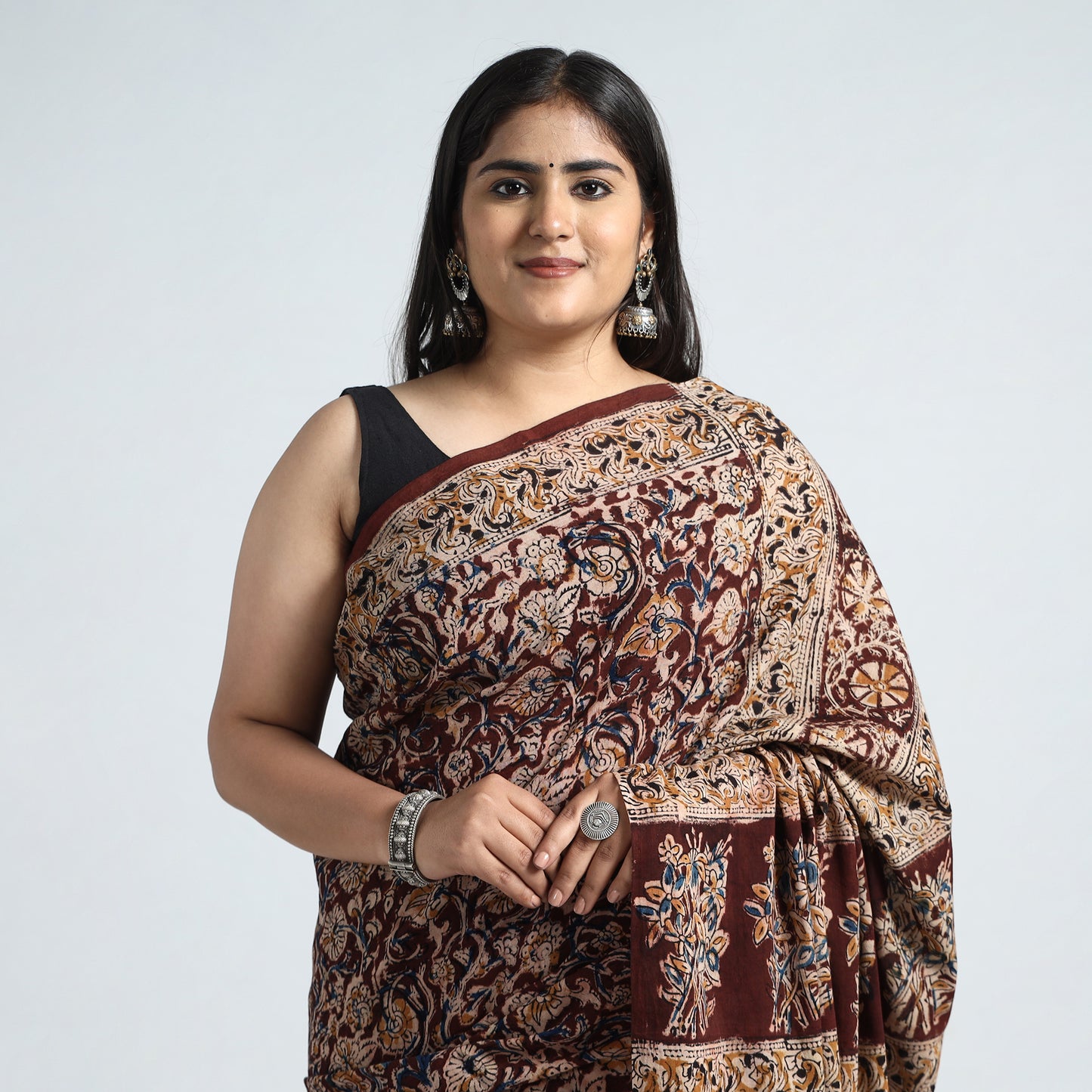 Maroon - Pedana Kalamkari Block Printed Cotton Saree with Blouse Piece 26