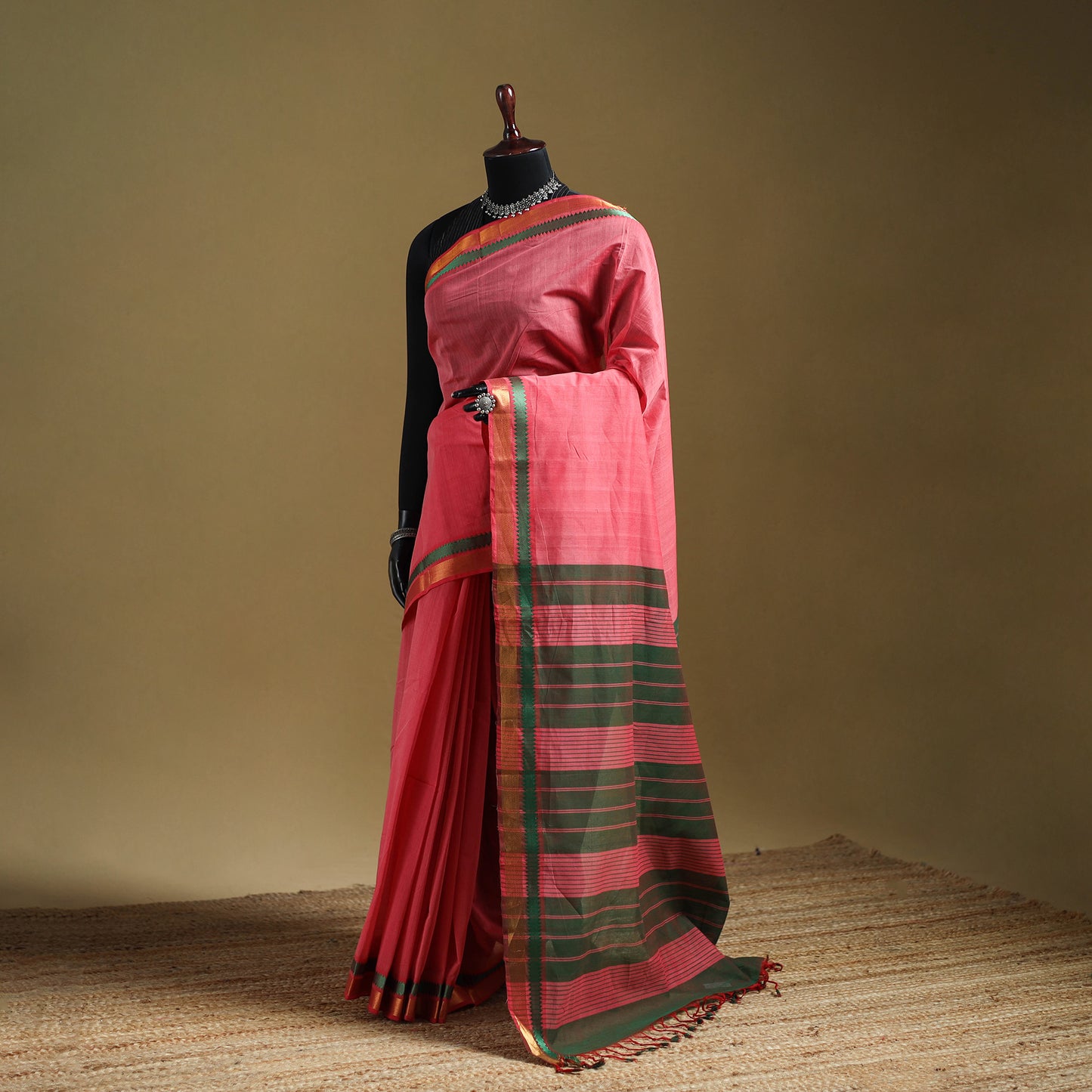 Pink - Pure Handwoven Mangalagiri Cotton Saree with Zari Border 35