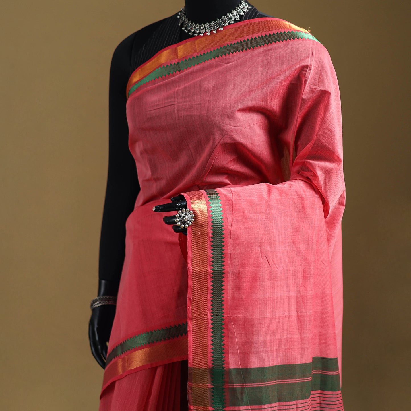 Pink - Pure Handwoven Mangalagiri Cotton Saree with Zari Border 35