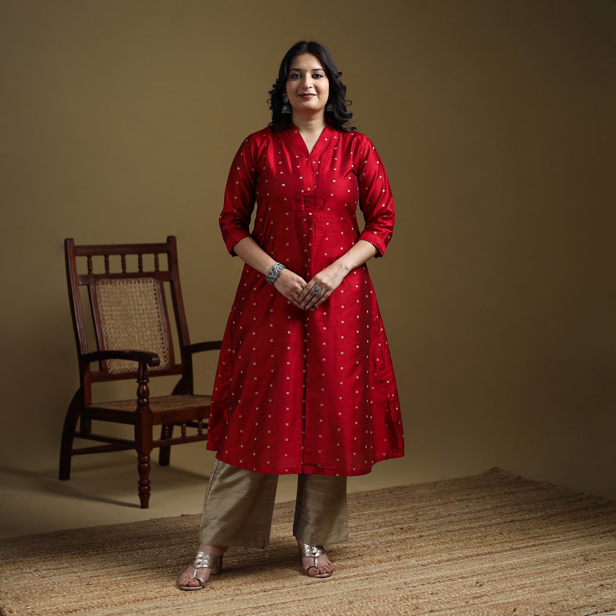 Red - Plain Spun Dupion Viscose Silk Buti A-Line Long Kurta for women 01