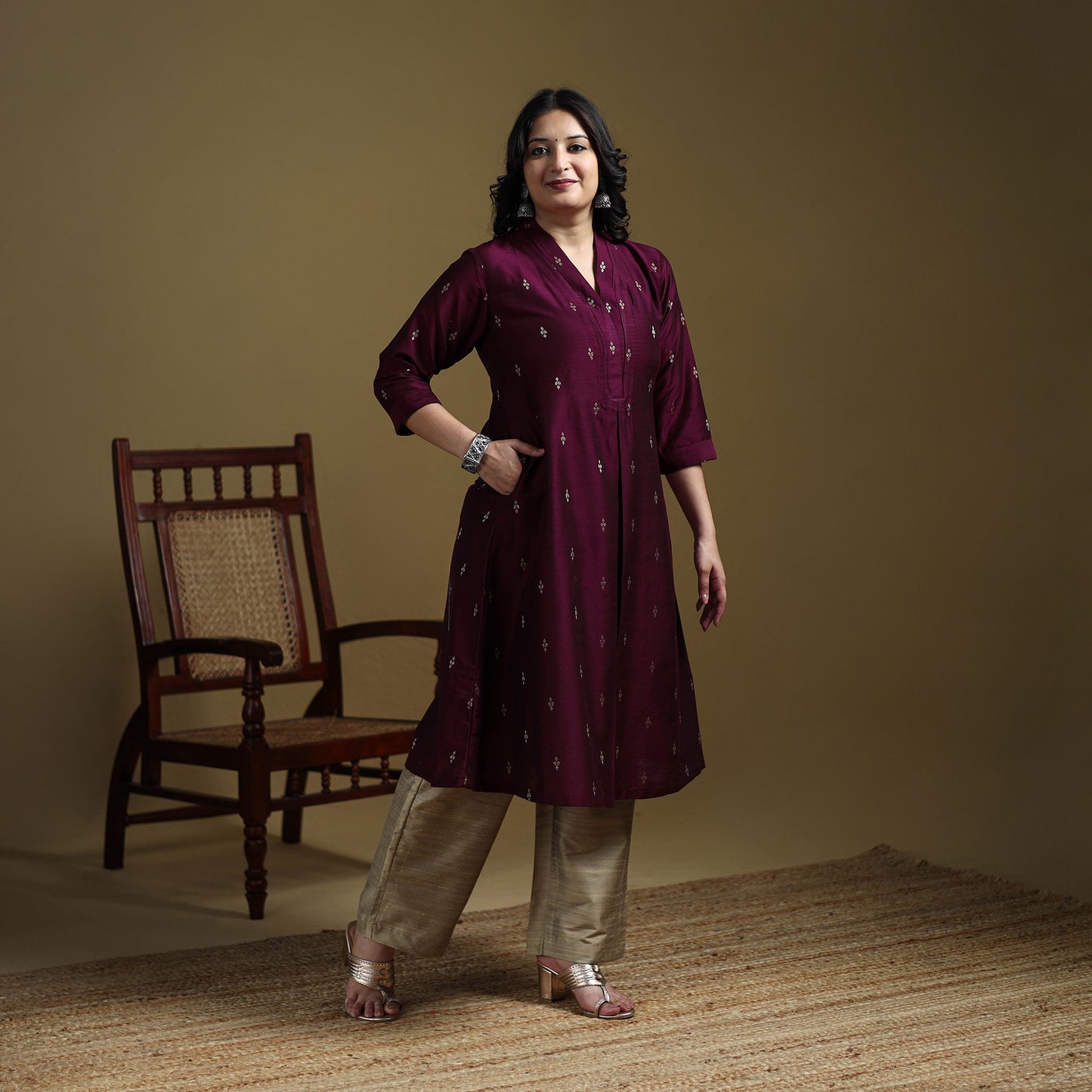 Purple - Plain Spun Dupion Viscose Silk Buti A-Line Kurta for women 05