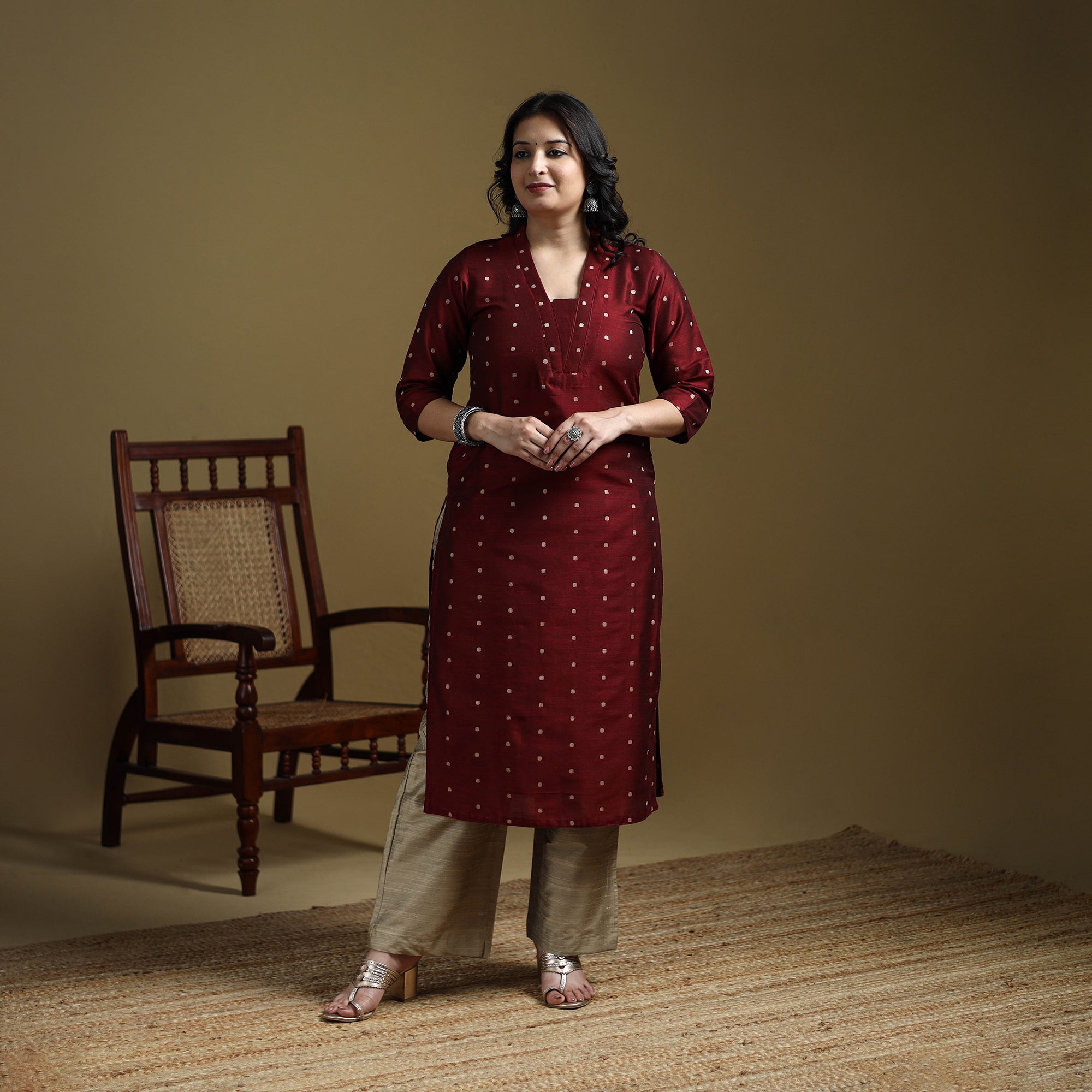 Maroon - Plain Spun Dupion Viscose Silk Buti Straight Long Kurta for women 07