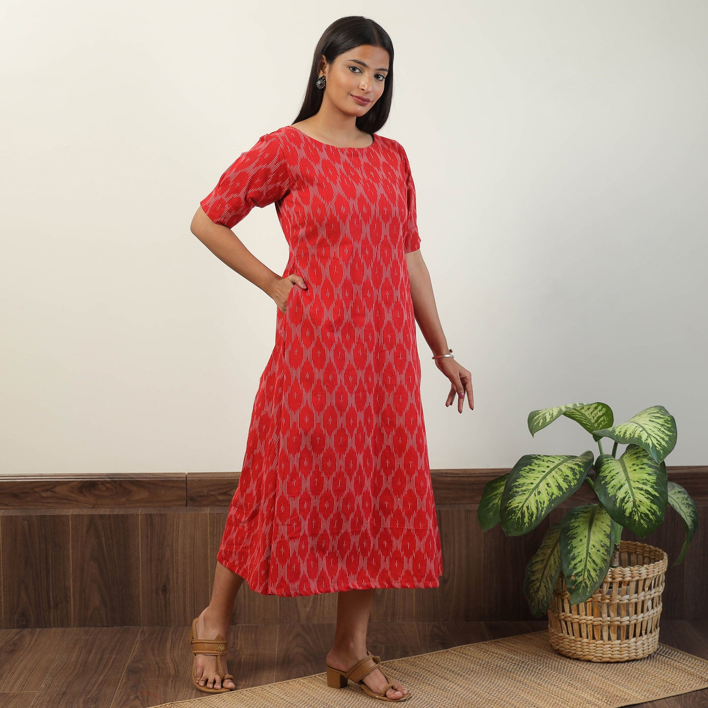 Red - Pochampally Ikat Weave Cotton Dress 03