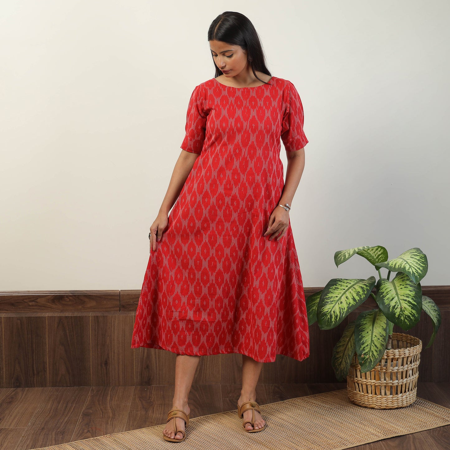 Red - Pochampally Ikat Weave Cotton Dress 03