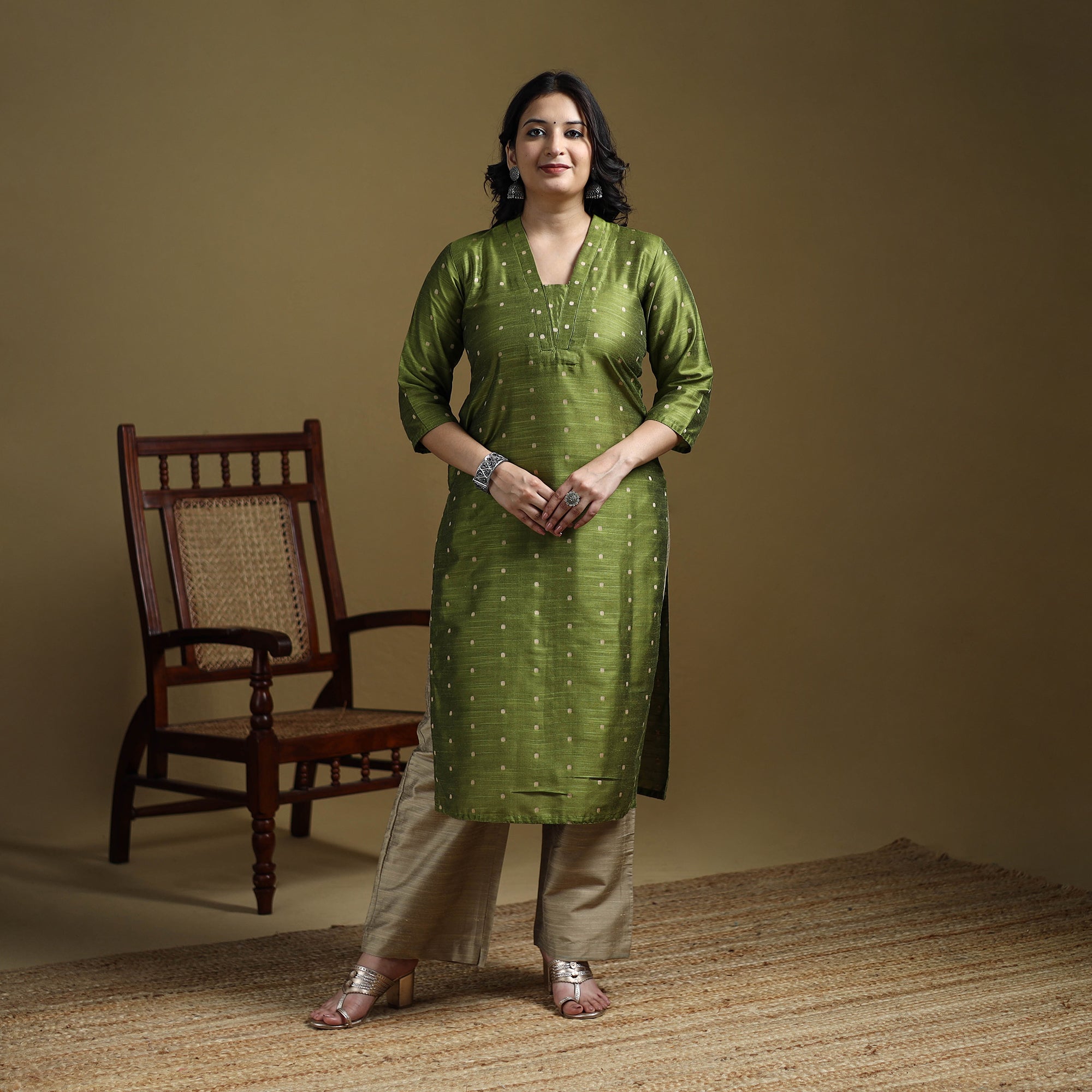 Green - Plain Spun Dupion Viscose Silk Buti Straight Long Kurta for women 10