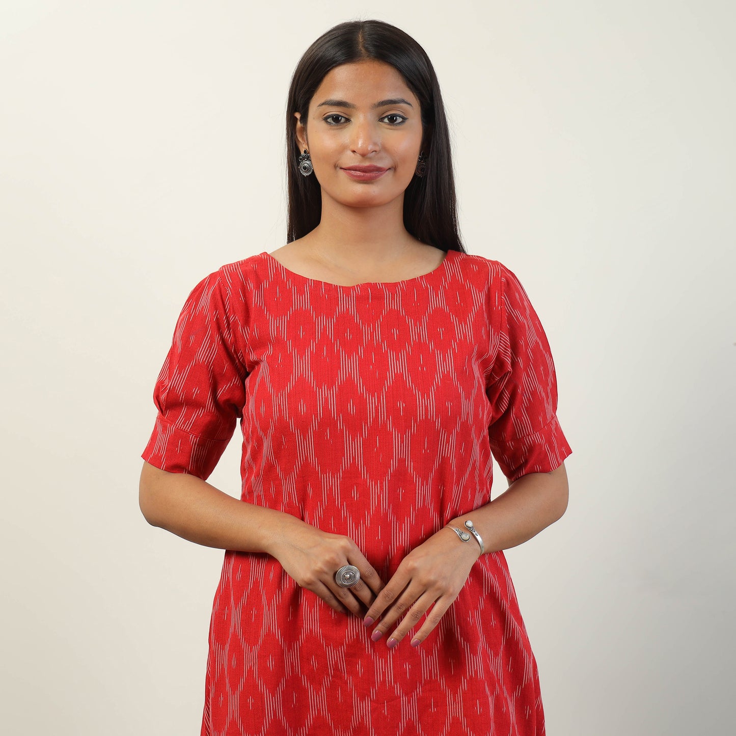 Red - Pochampally Ikat Weave Cotton Dress 03