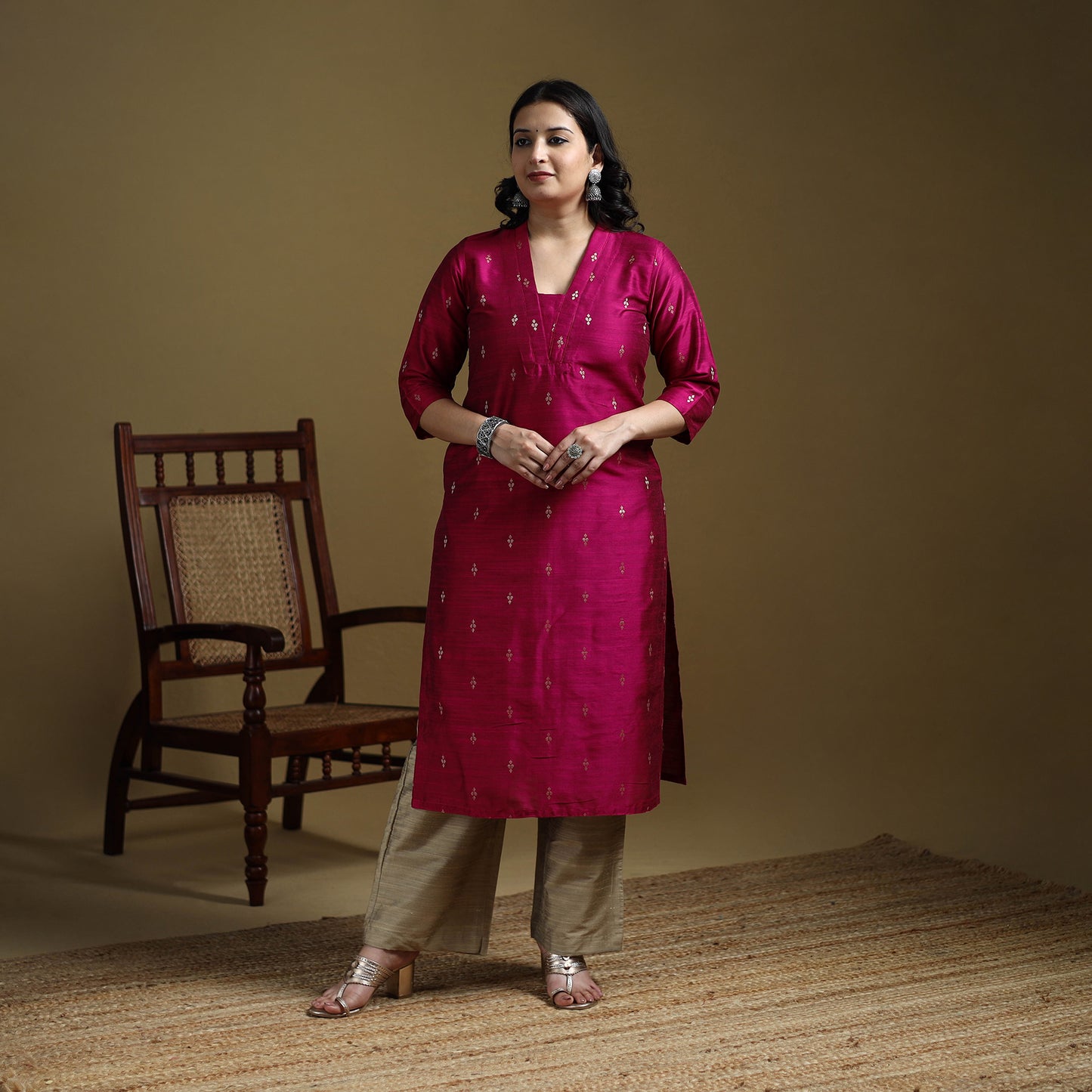 Pink - Plain Spun Dupion Viscose Silk Buti Straight Kurta for women 06