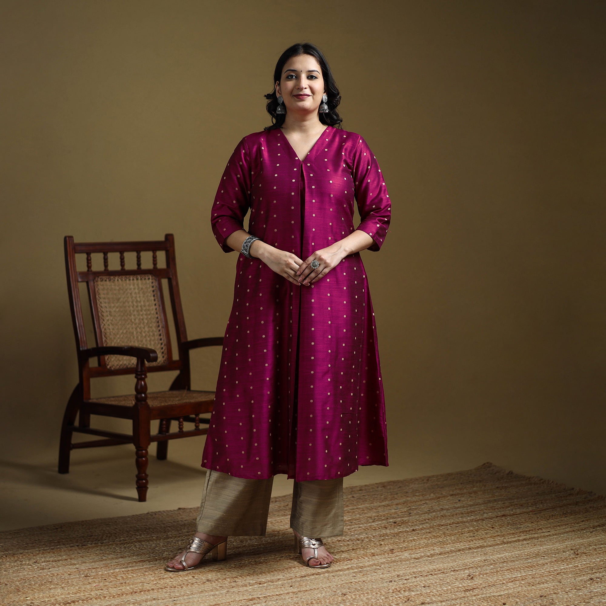 Pink - Plain Spun Dupion Viscose Silk Buti A-Line Long Kurta for women 14