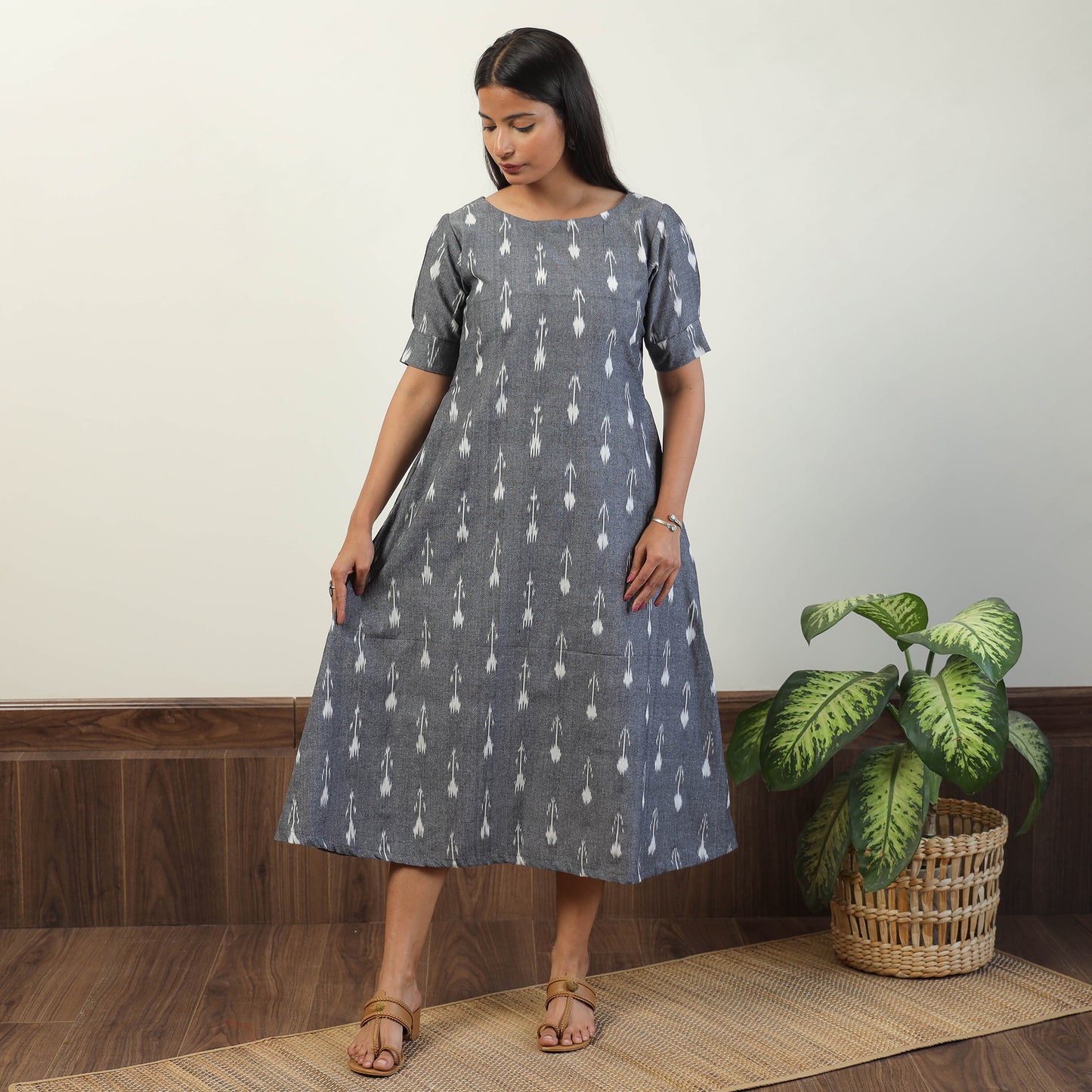 Grey - Pochampally Ikat Weave Cotton Dress 05