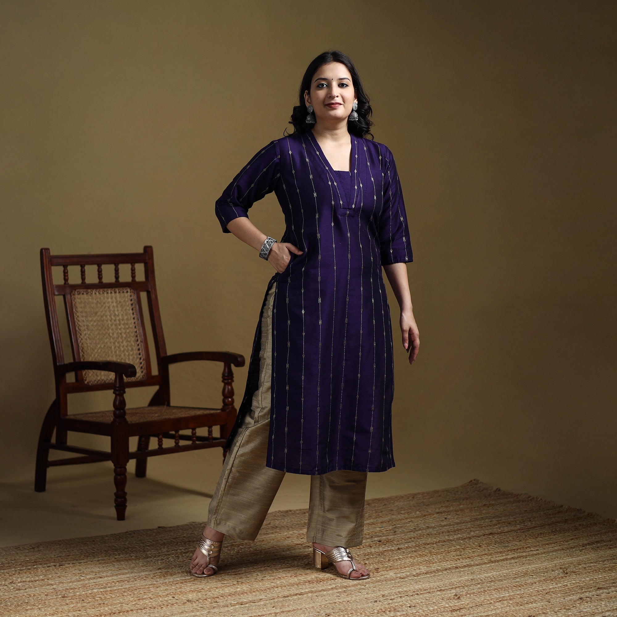 Blue - Plain Spun Dupion Viscose Silk Buti Straight Long Kurta for women 09