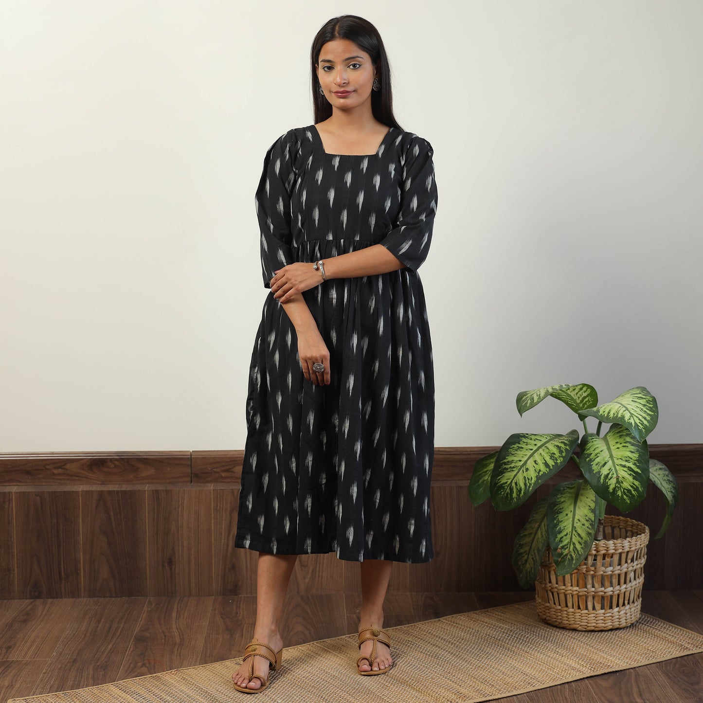 Black - Pochampally Ikat Weave Cotton Dress 08