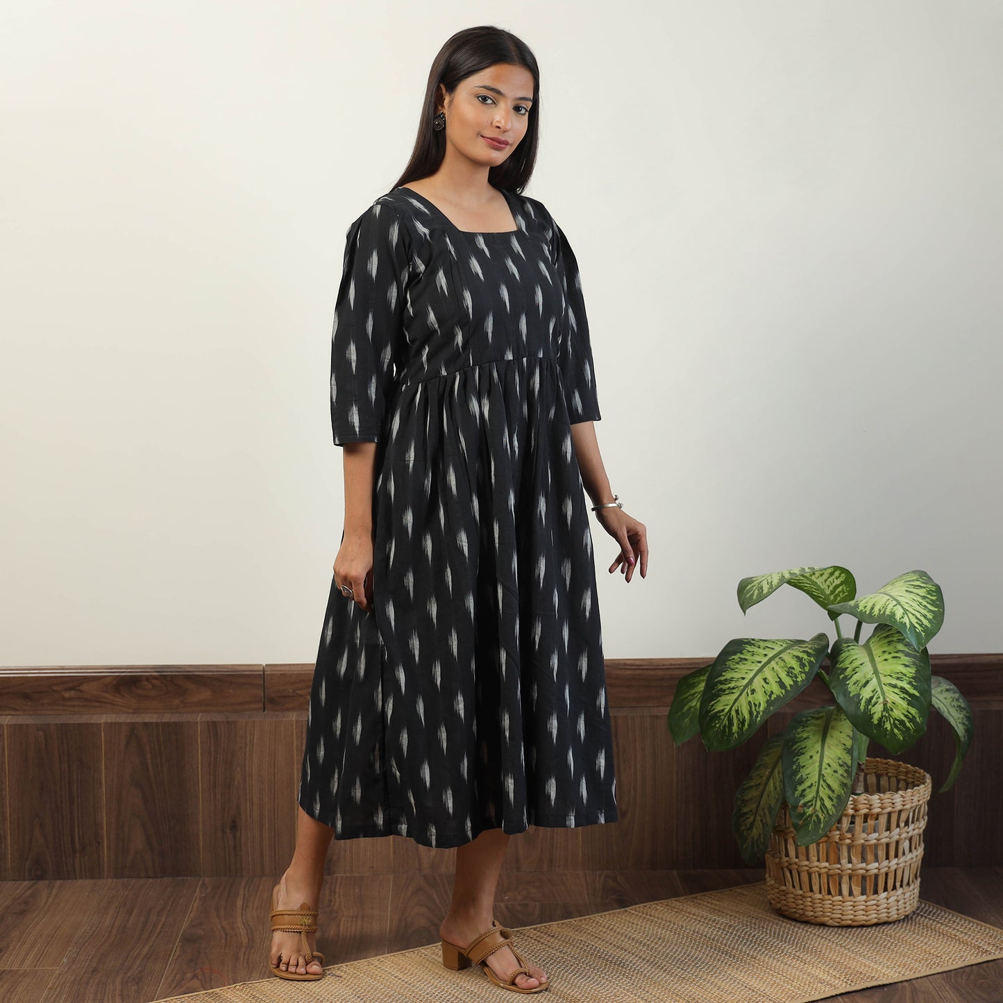 Black - Pochampally Ikat Weave Cotton Dress 08
