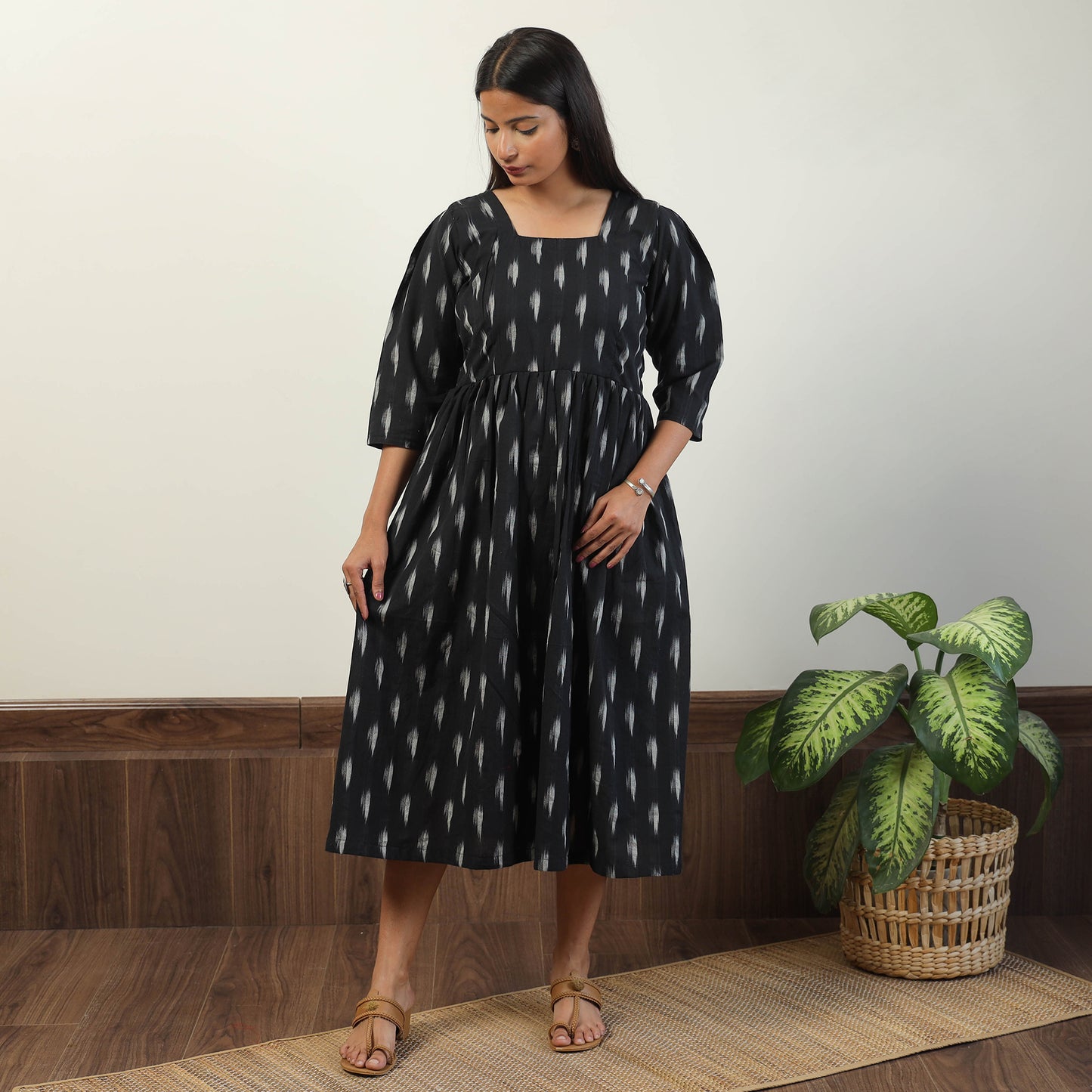 Black - Pochampally Ikat Weave Cotton Dress 08