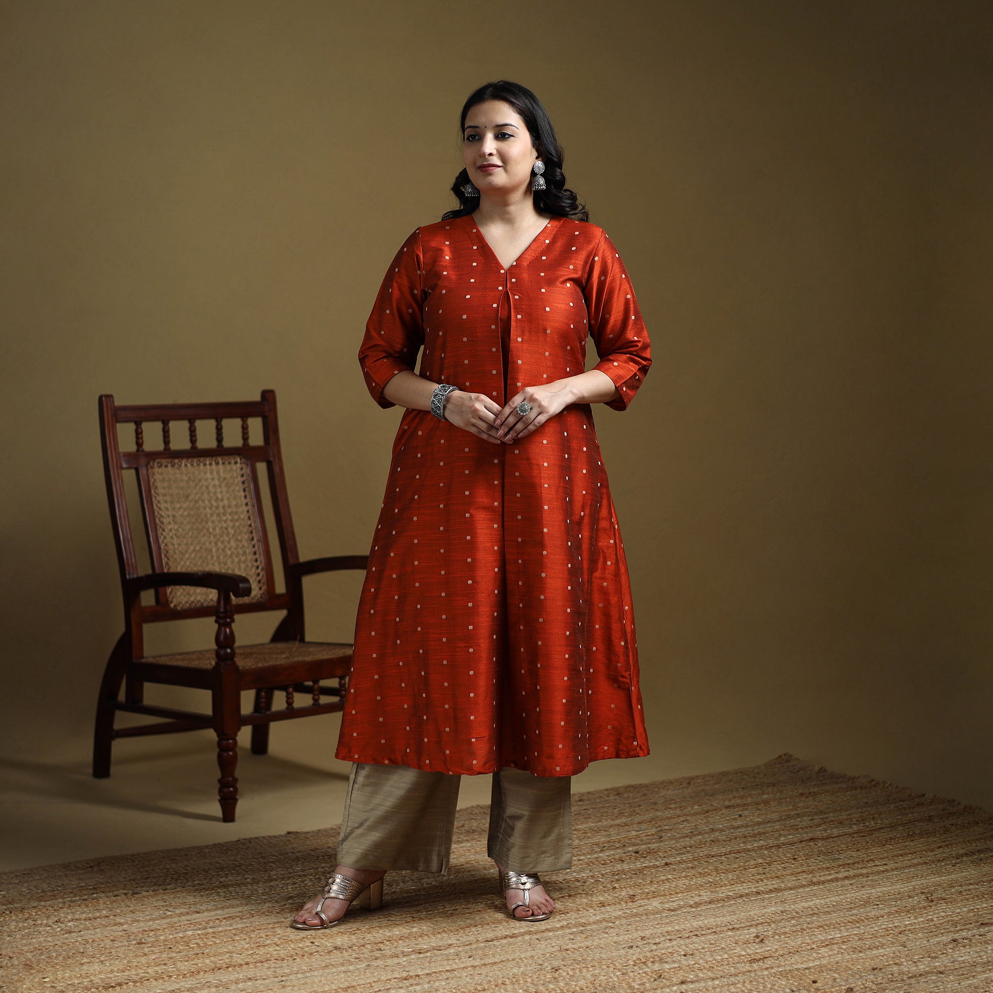 Orange - Plain Spun Dupion Viscose Silk Buti A-Line Long Kurta for women 11
