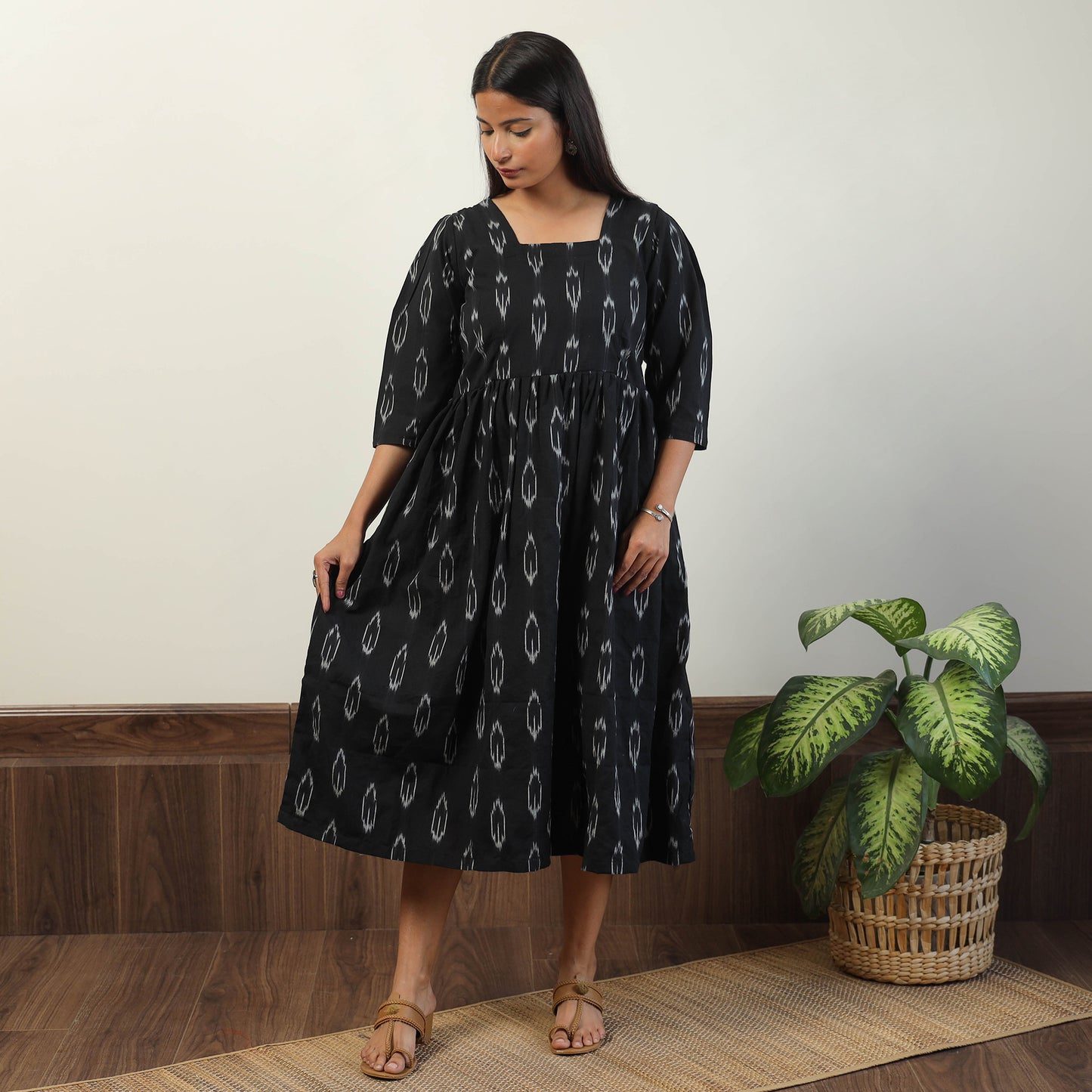 Black - Pochampally Ikat Weave Cotton Dress 09