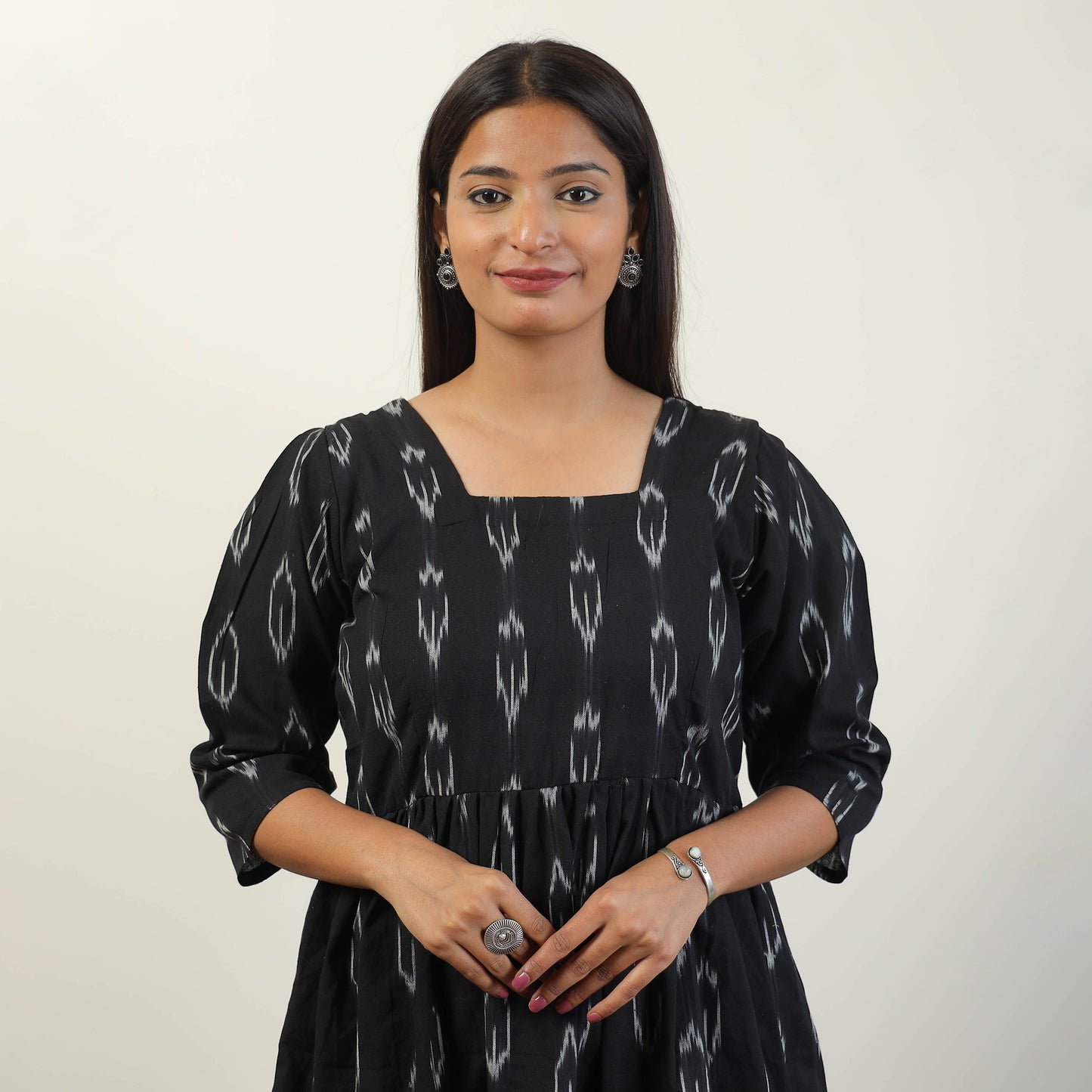 Black - Pochampally Ikat Weave Cotton Dress 09