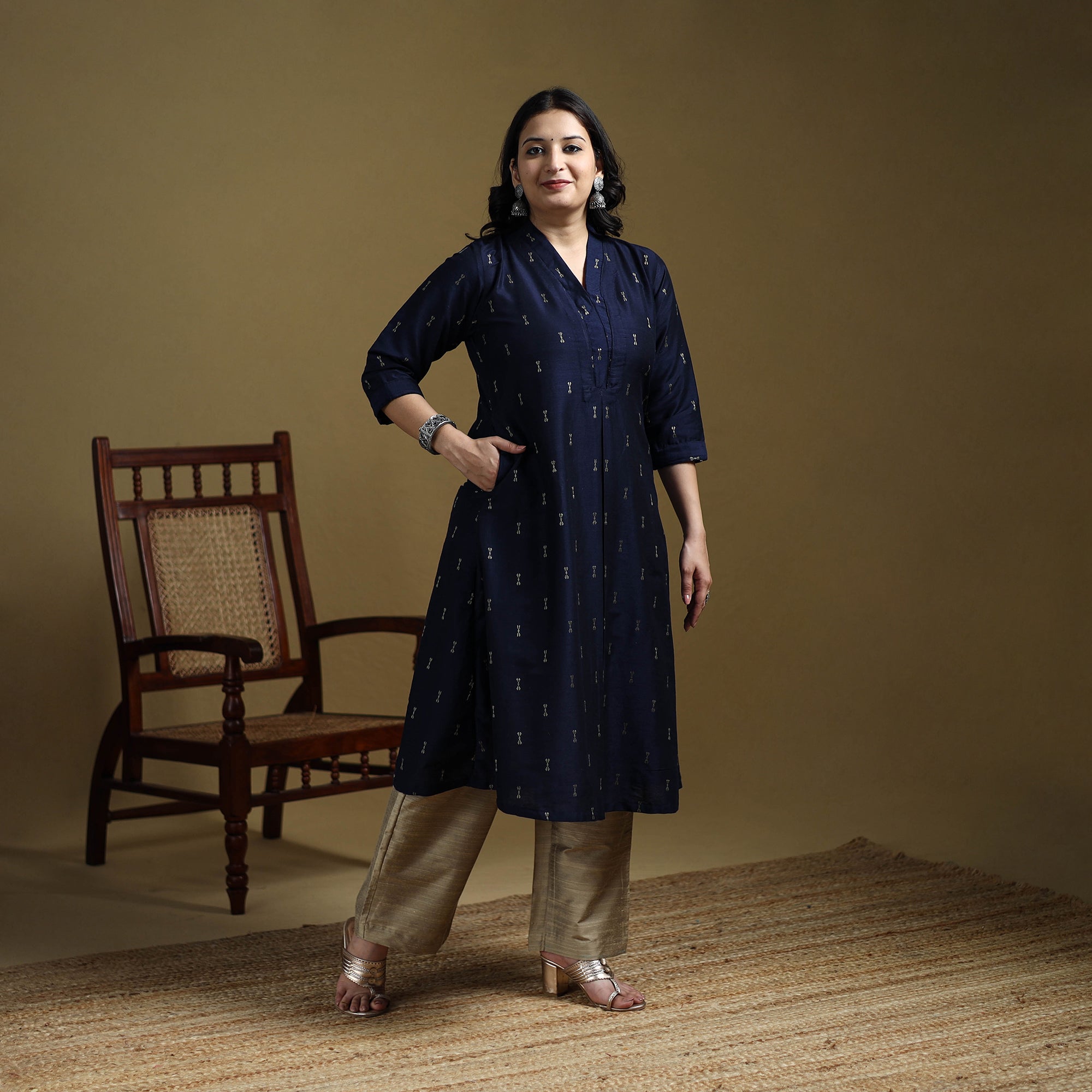 Blue - Plain Spun Dupion Viscose Silk Buti A-Line Long Kurta for women 04
