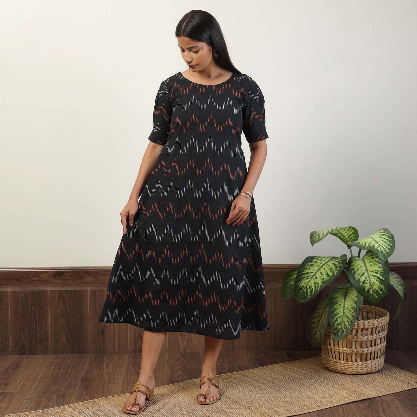 Black - Pochampally Ikat Weave Cotton Dress 04