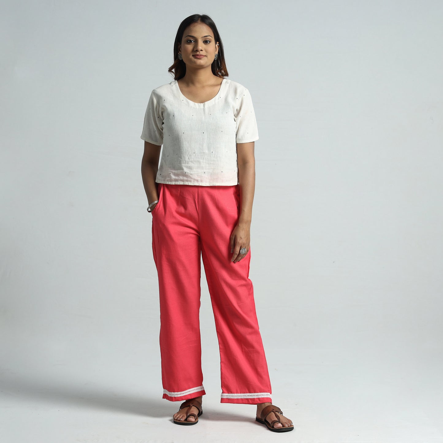 Pink Plain Flex Cotton Elasticated Palazzo with Lace Work
