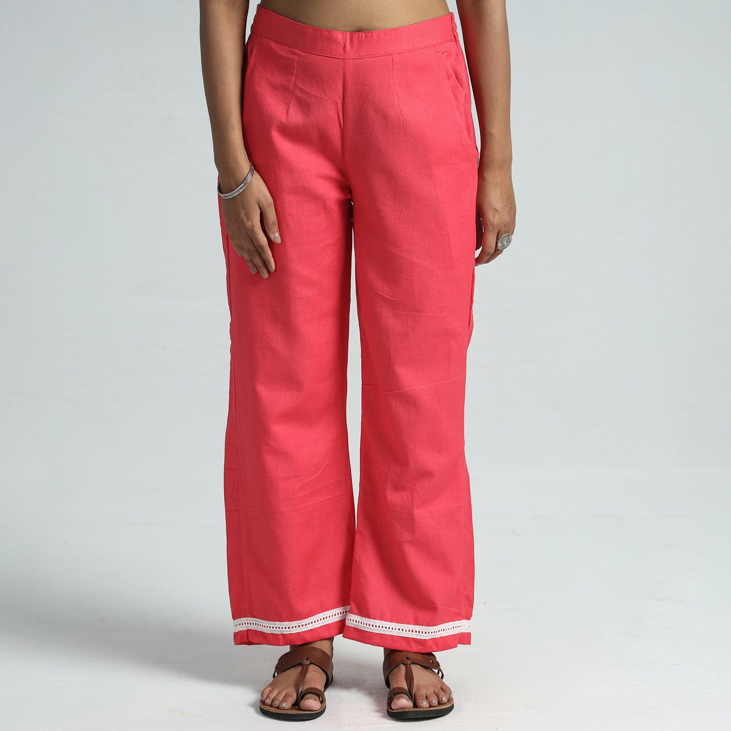 Pink Plain Flex Cotton Elasticated Palazzo with Lace Work