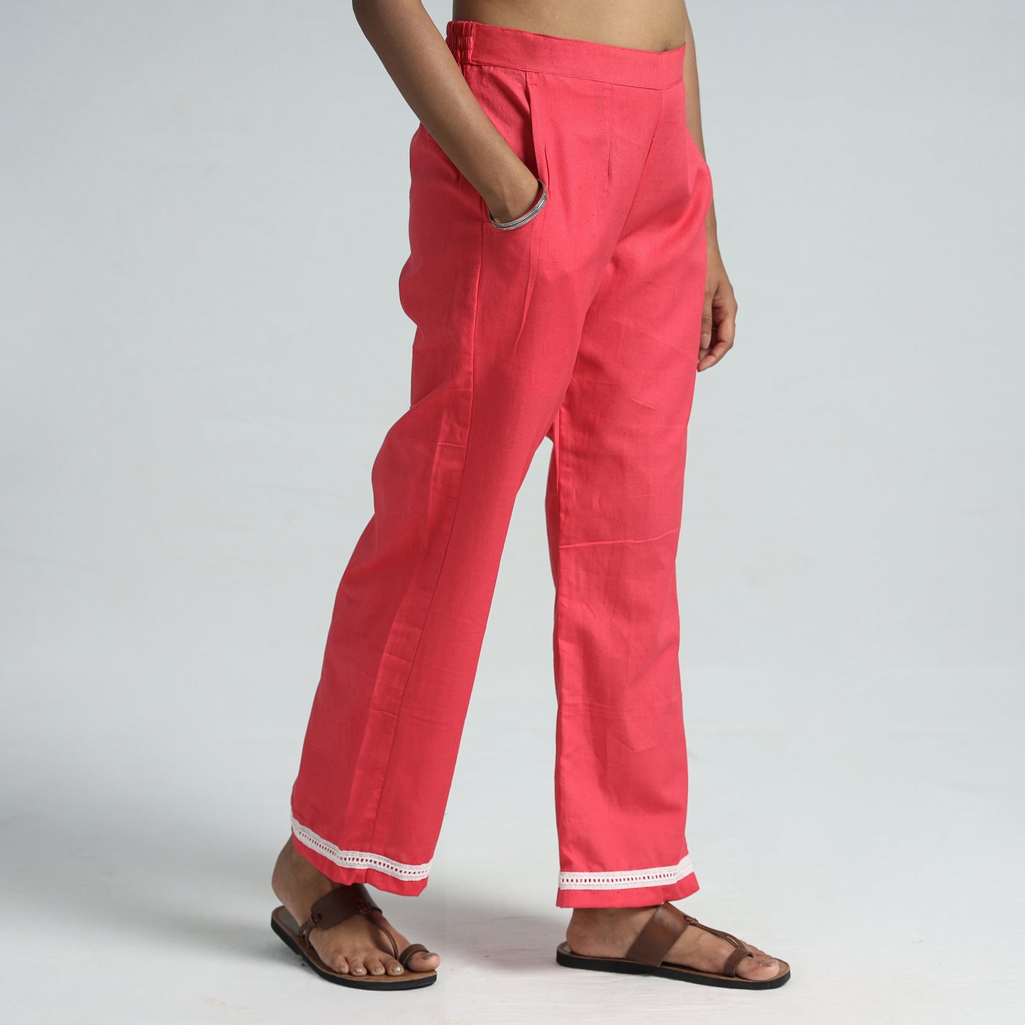 Pink Plain Flex Cotton Elasticated Palazzo with Lace Work