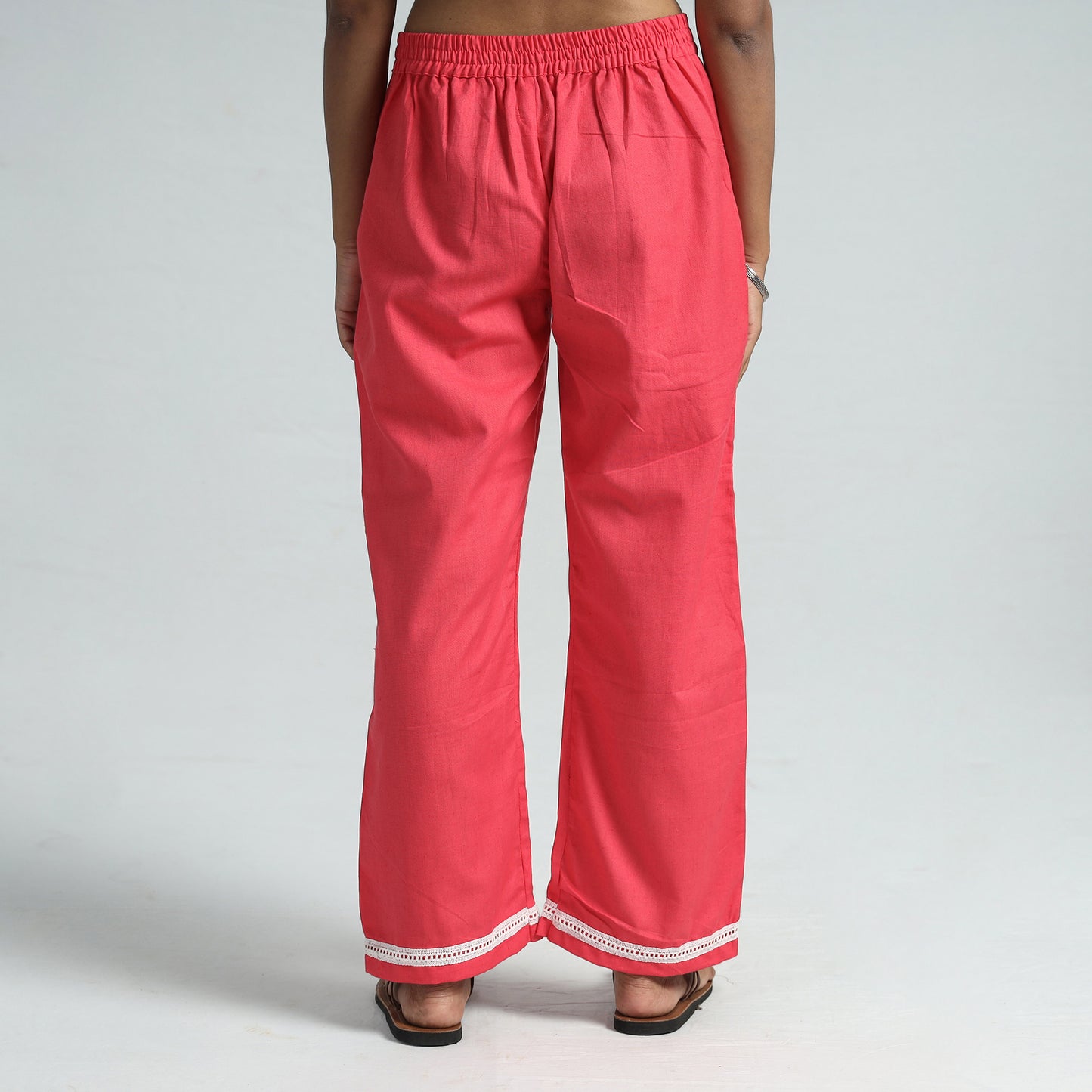 Pink Plain Flex Cotton Elasticated Palazzo with Lace Work