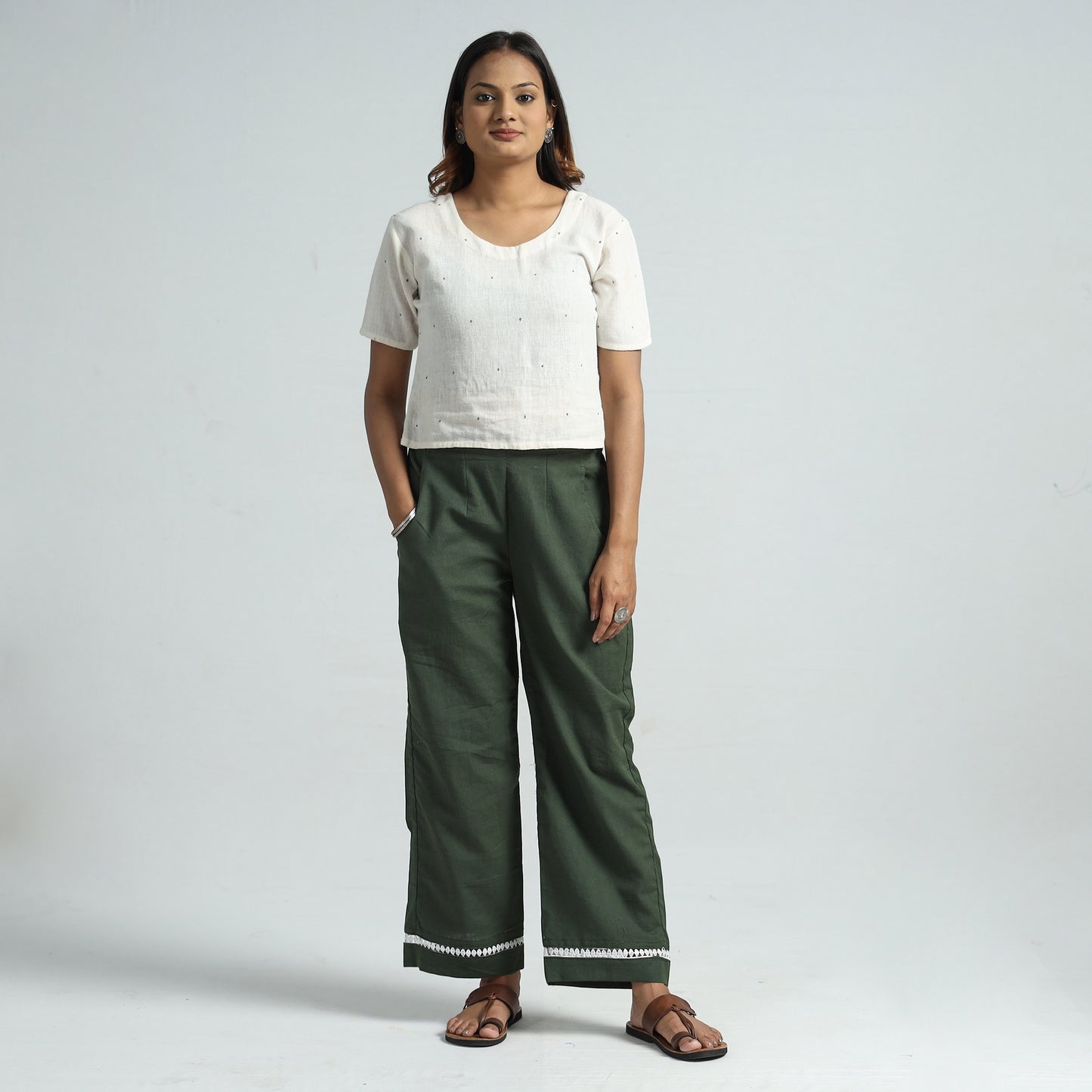 Green Plain Flex Cotton Elasticated Palazzo with Lace Work