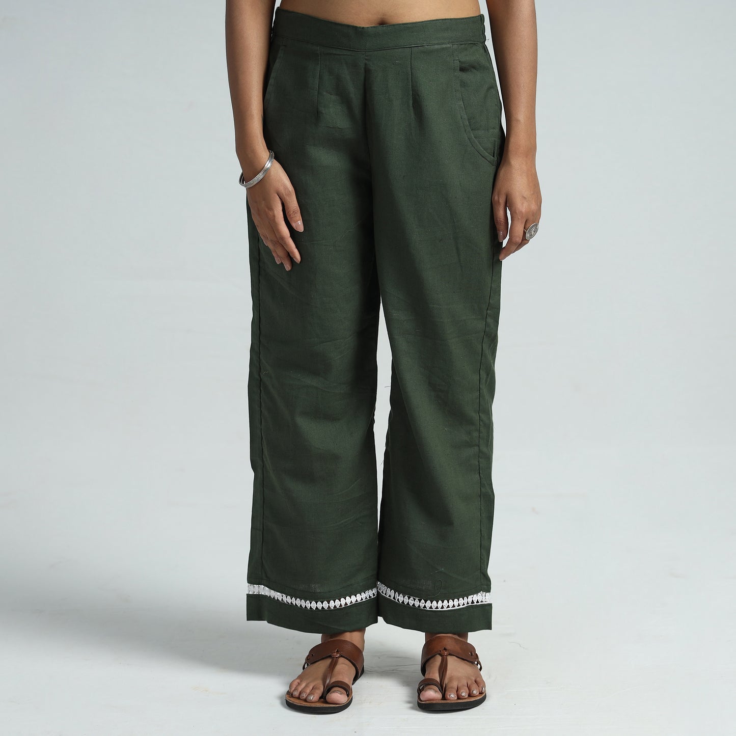 Green Plain Flex Cotton Elasticated Palazzo with Lace Work