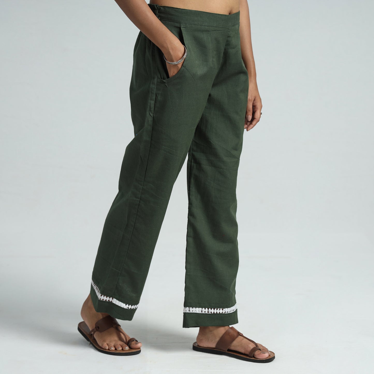 Green Plain Flex Cotton Elasticated Palazzo with Lace Work
