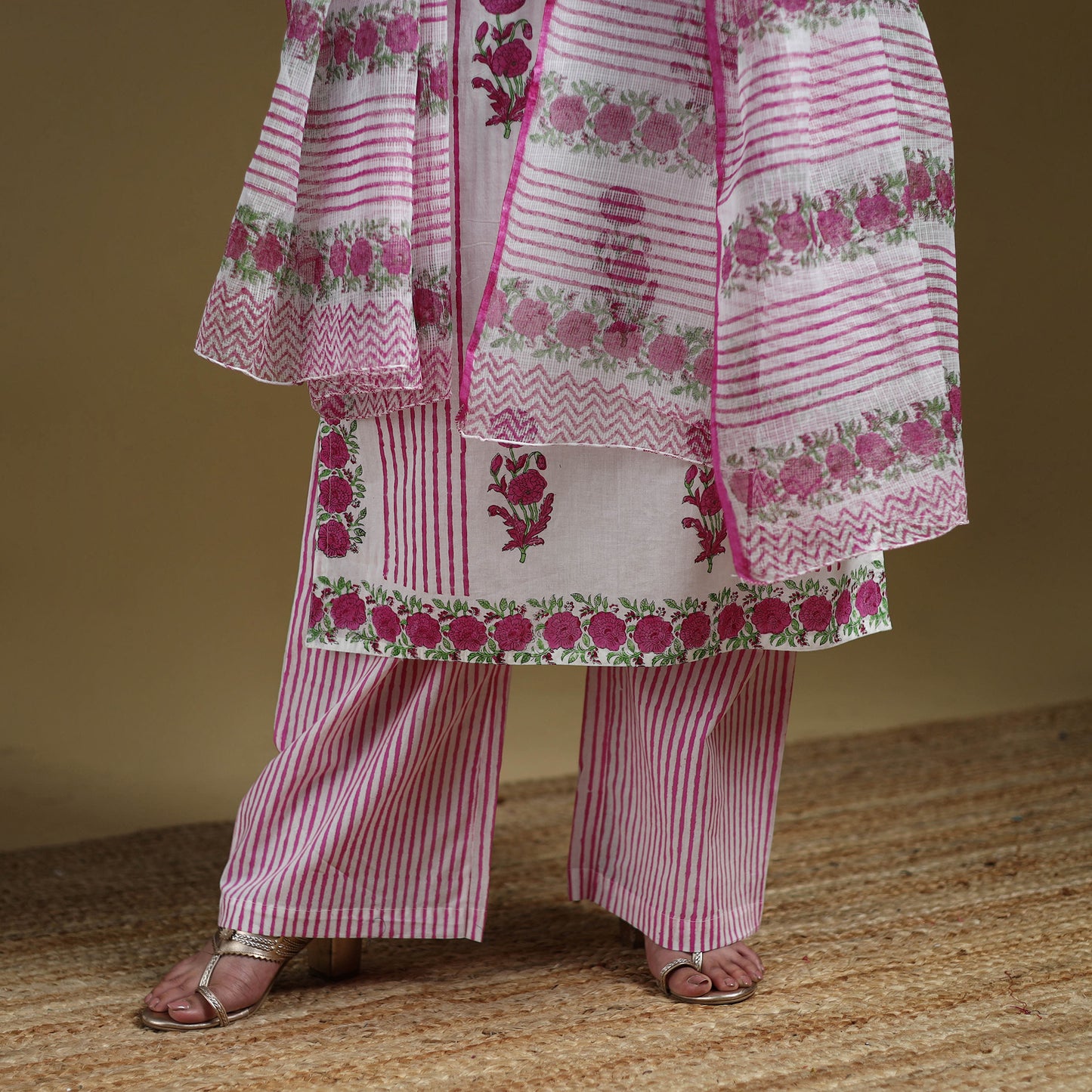 Pink - Sanganeri Hand Block Print Cotton Suit Set with Dupatta for women 06