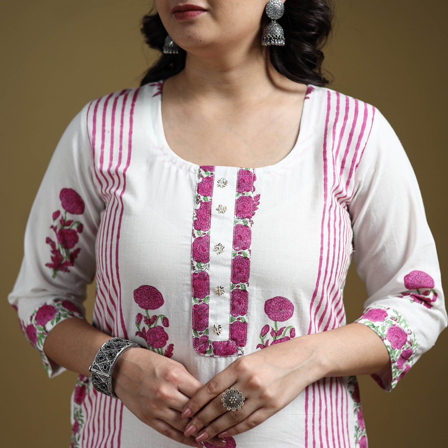 Pink - Sanganeri Hand Block Print Cotton Suit Set with Dupatta for women 06