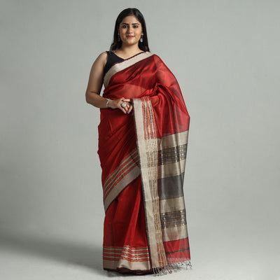 Red - Traditional Maheshwari Silk Handloom Saree with Thread & Zari Border 14