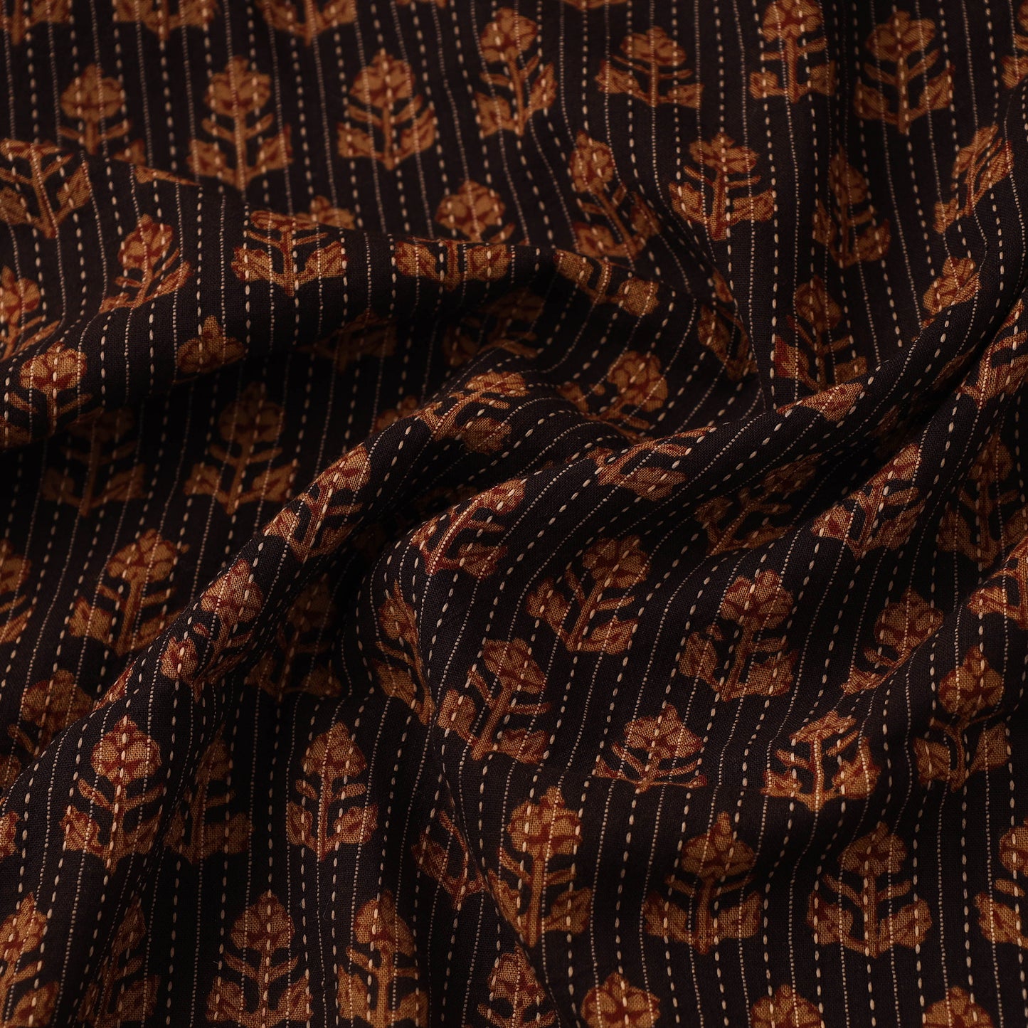 Brown Bagh Block Print Kantha Work Natural Dyed Cotton Fabric
