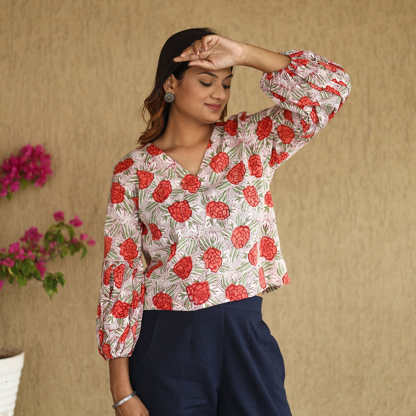 Multicolor - Sanganeri Hand Block Printed Full Sleeve Cotton Crop Top 06