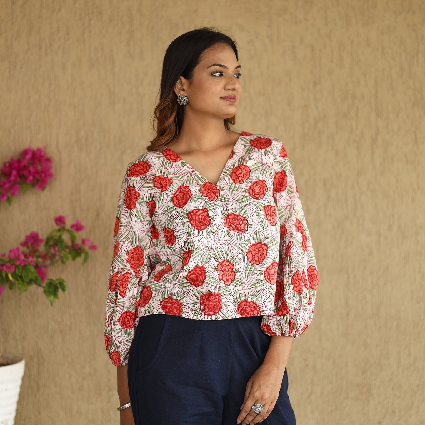 Multicolor - Sanganeri Hand Block Printed Full Sleeve Cotton Crop Top 06