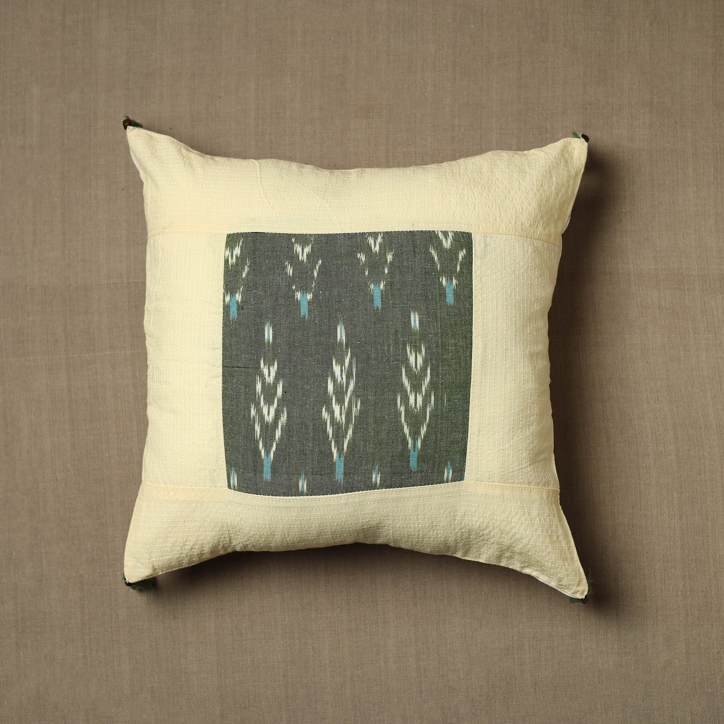 Yellow - Kantha Stitch Ikat Cotton Cushion Cover (16 x 16 in) 15